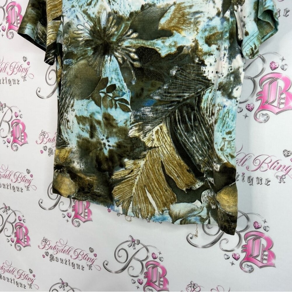 Conrad C tshirt leaf tropical Print Short Sleeve Women’s Top – Blue and Green