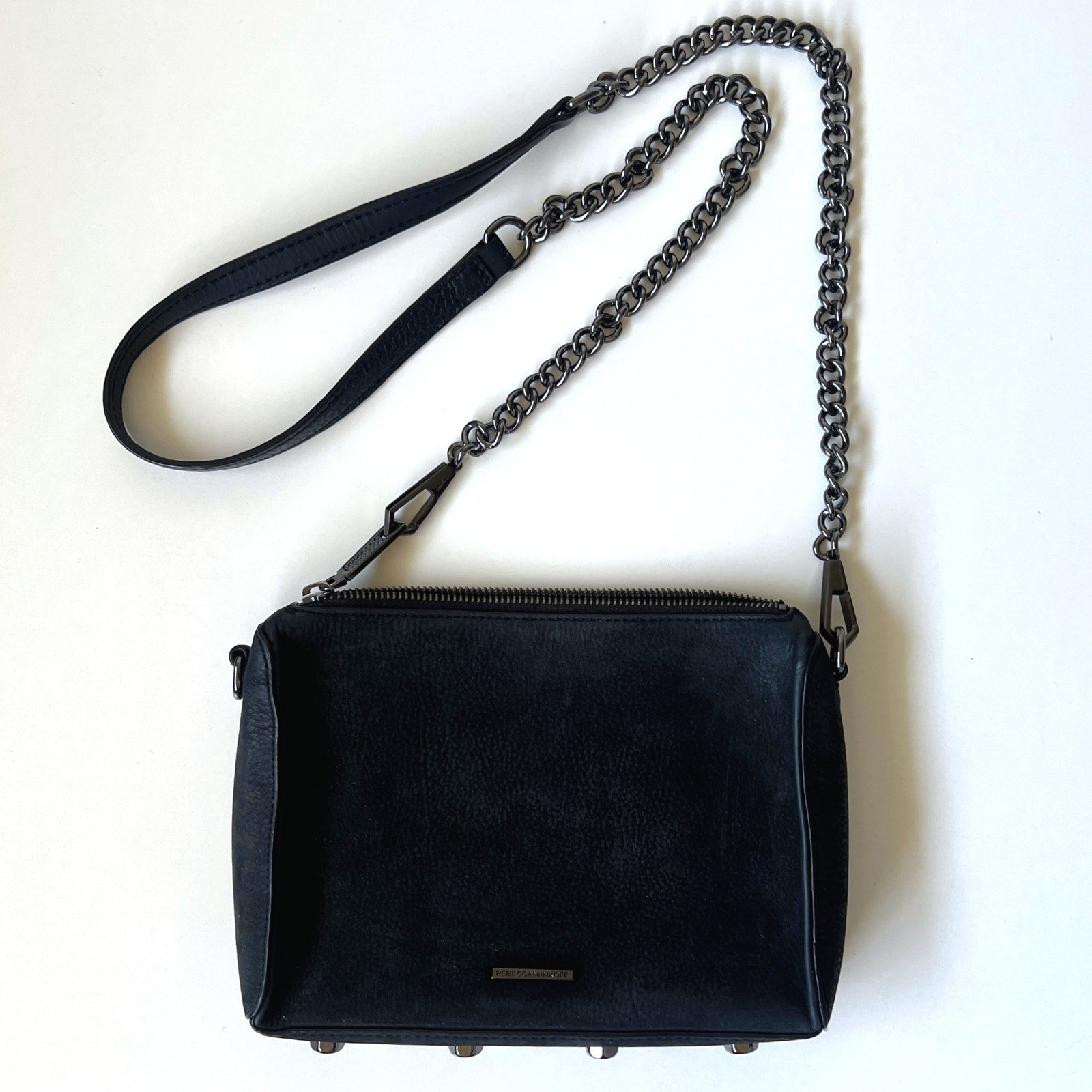 Rebecca Minkoff Black Leather Crossbody Bag Gunmetal Chain Strap Studded