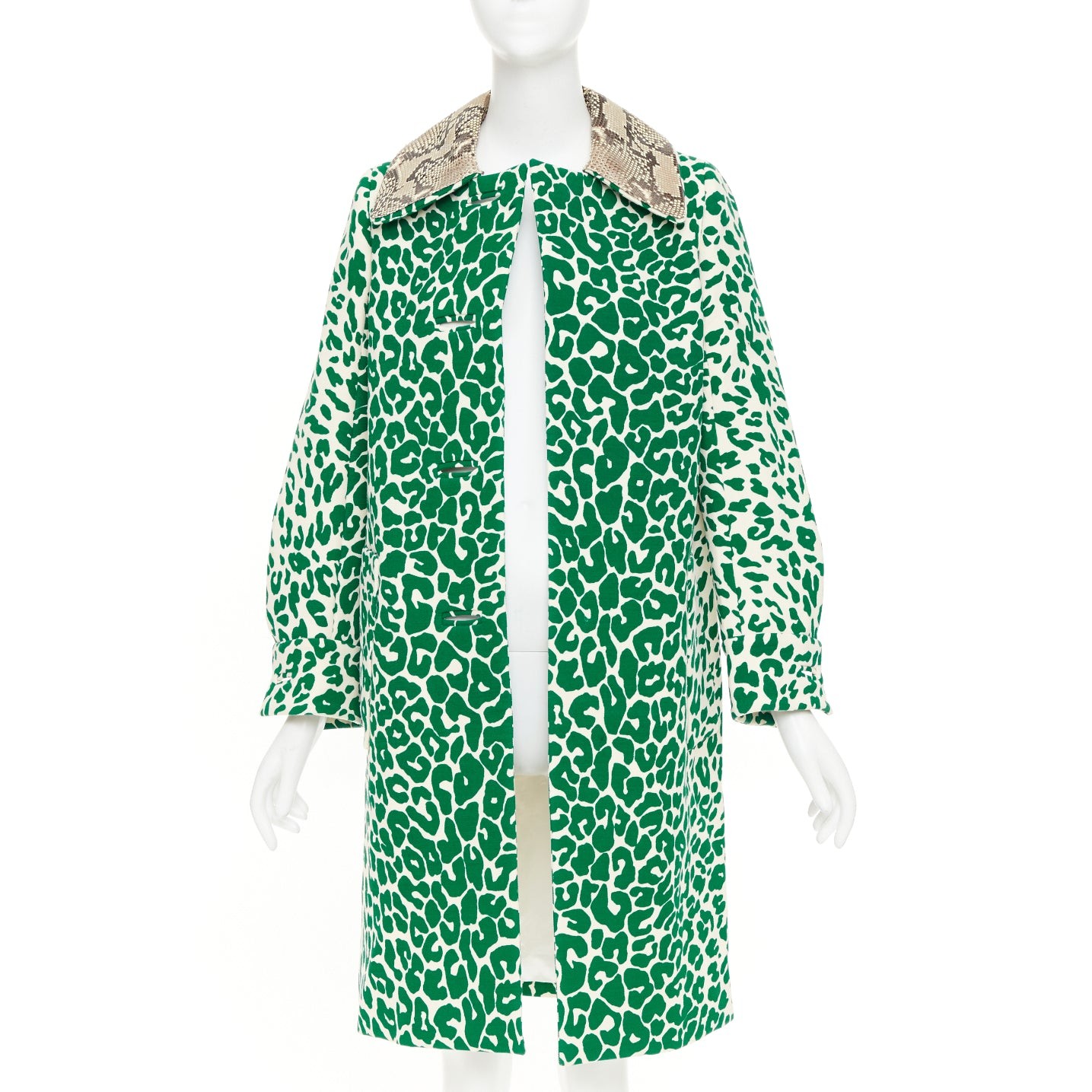 MIU MIU 2015 green wool python leather collar virgin wool print coat IT38 XS
