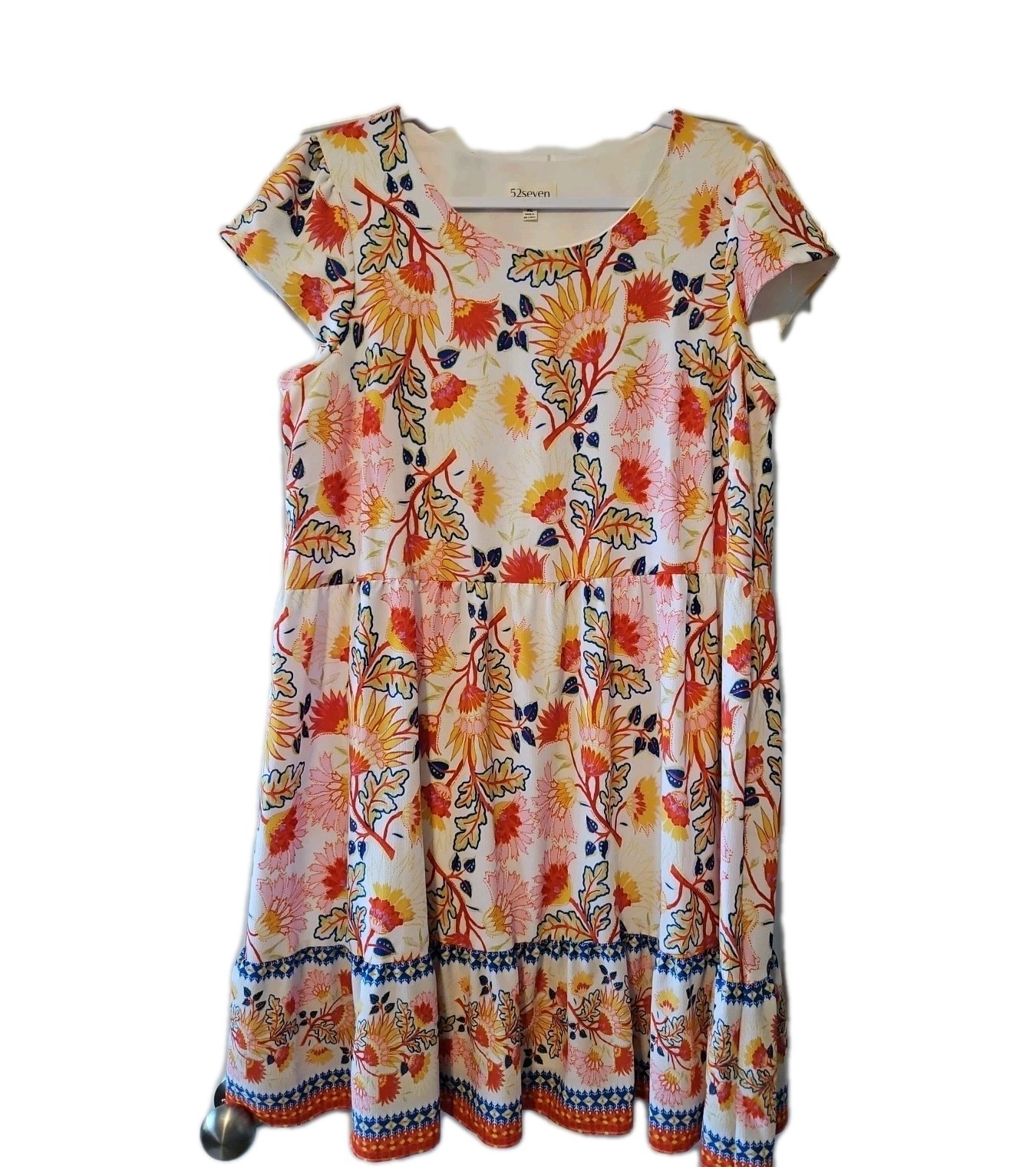 Women’s XL Floral Smocked Tiered Midi Dress Vibrant Folk Art