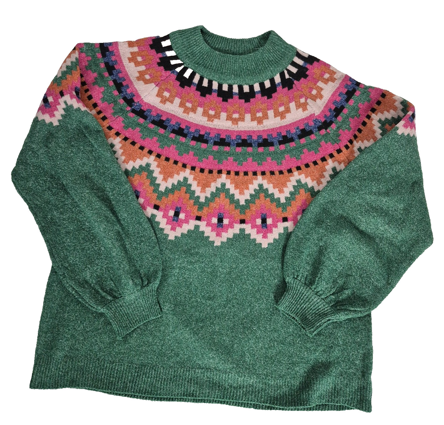 Maurices Sweater Womens Medium Green Fair Isle Mock Neck Balloon Sleeve Pullover