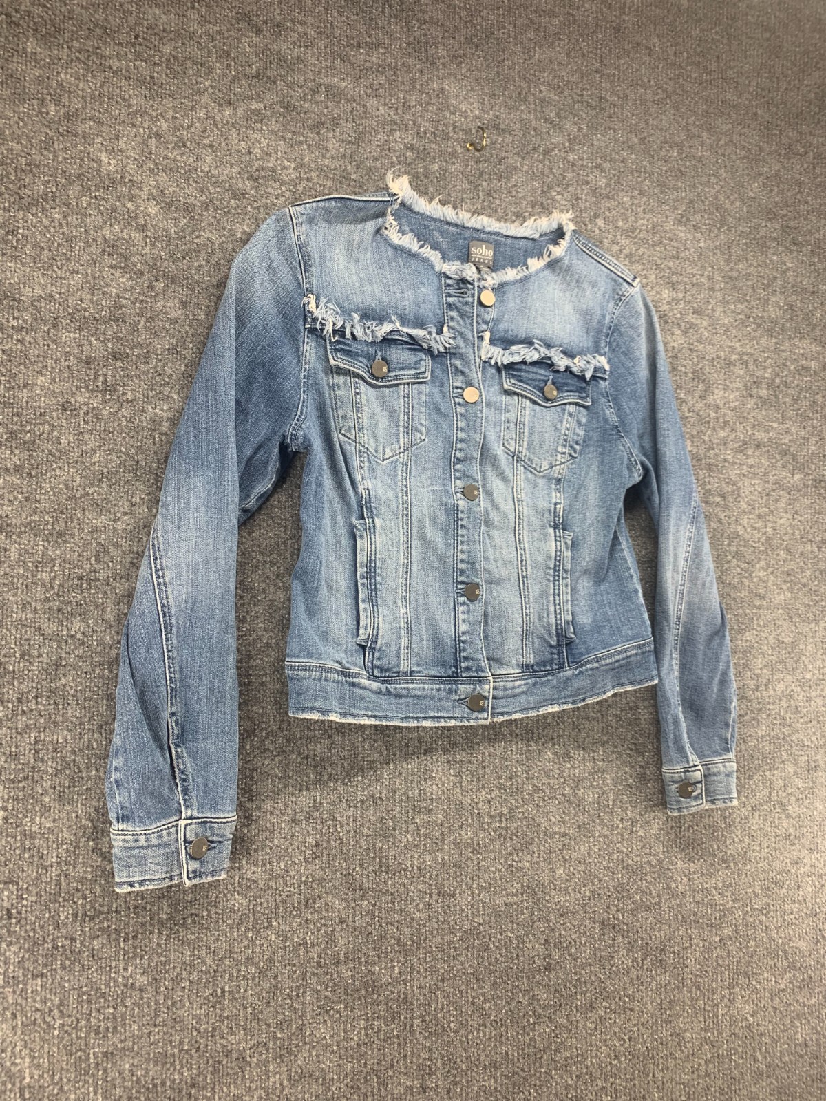 Soho Jacket Womens Medium M Blue Denim Jean Button Frayed Stretch Medium Wash