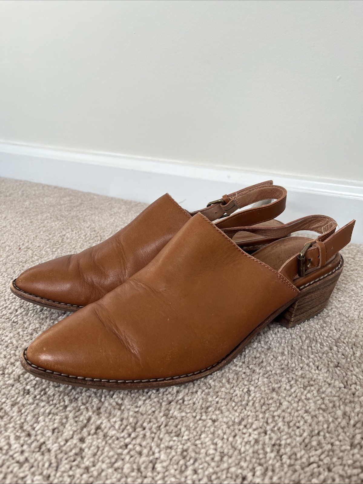 Madewell Size 8.5 Jess Slingback Mule Leather Shoes Brown Pointed Toe Block Heel