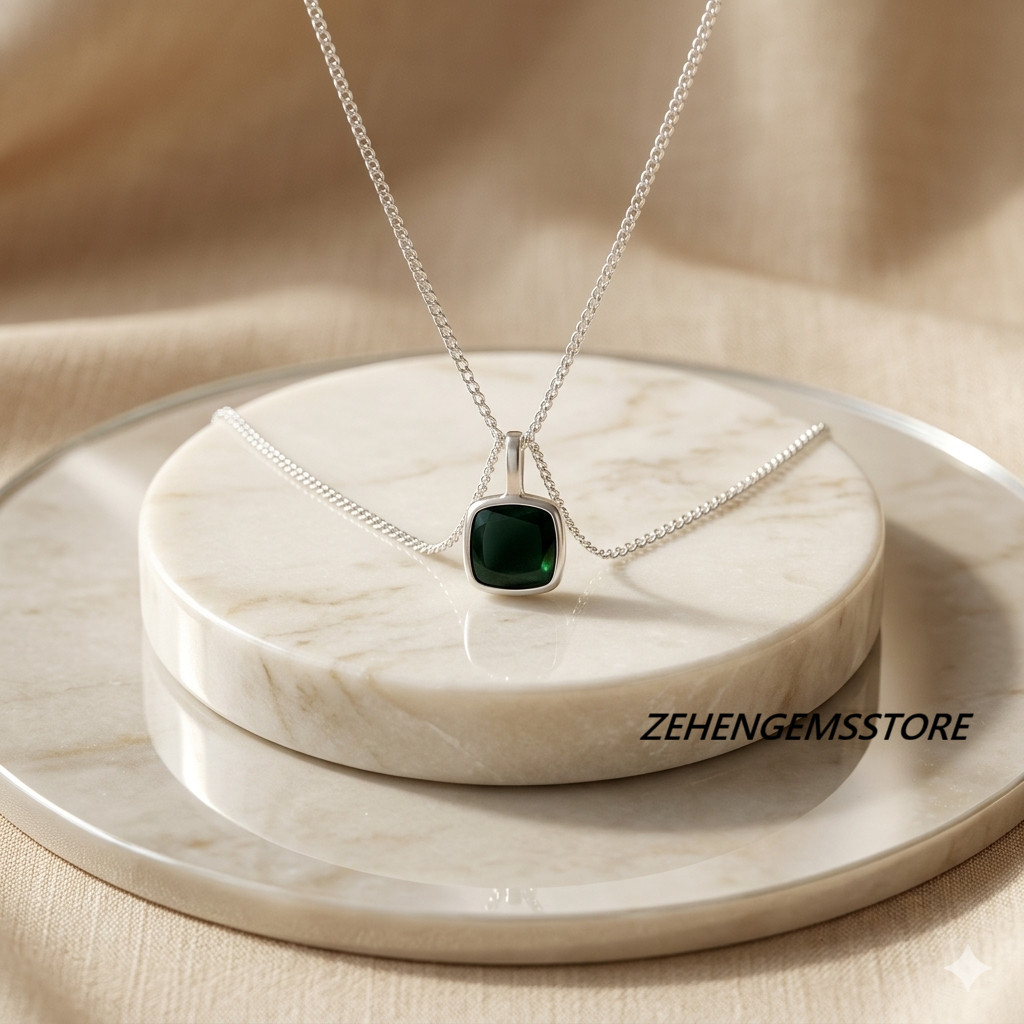 Lab Created Jade Pendant Necklace 925 Sterling Silver Square Green Gemstone