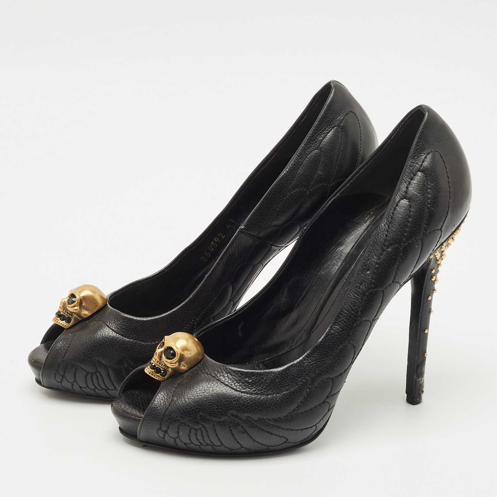 Alexander McQueen Black Leather Crystal Embellished Skull Detail Peep Toe