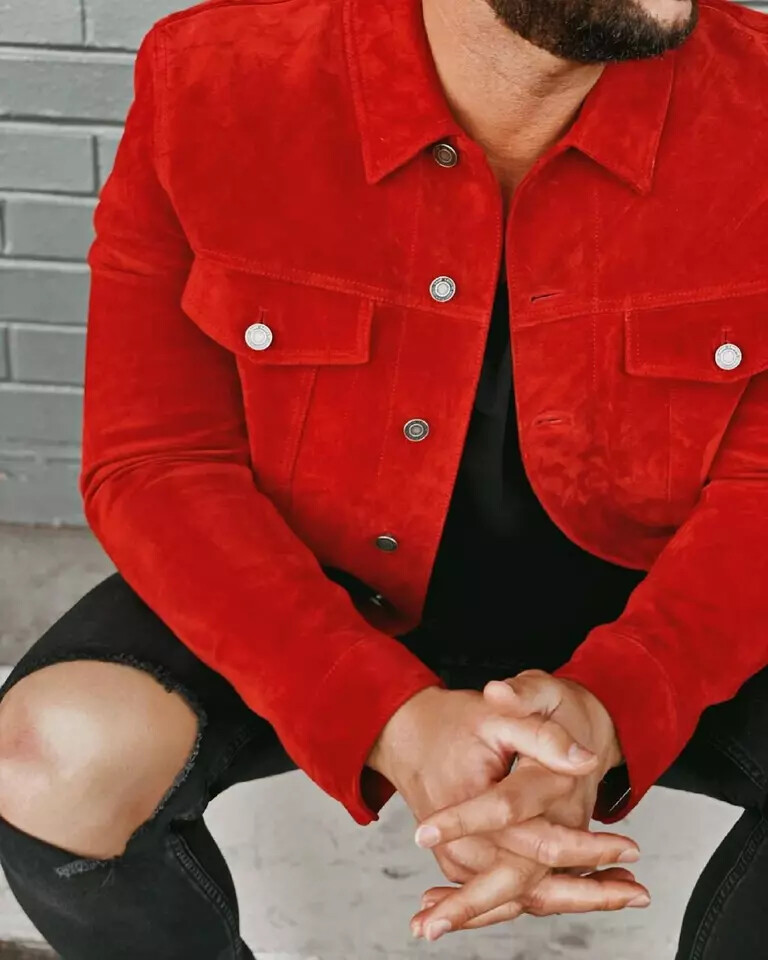 Men Red Leather Trucker Jacket Real Suede Jacket Custom Made Size S M L XL-192