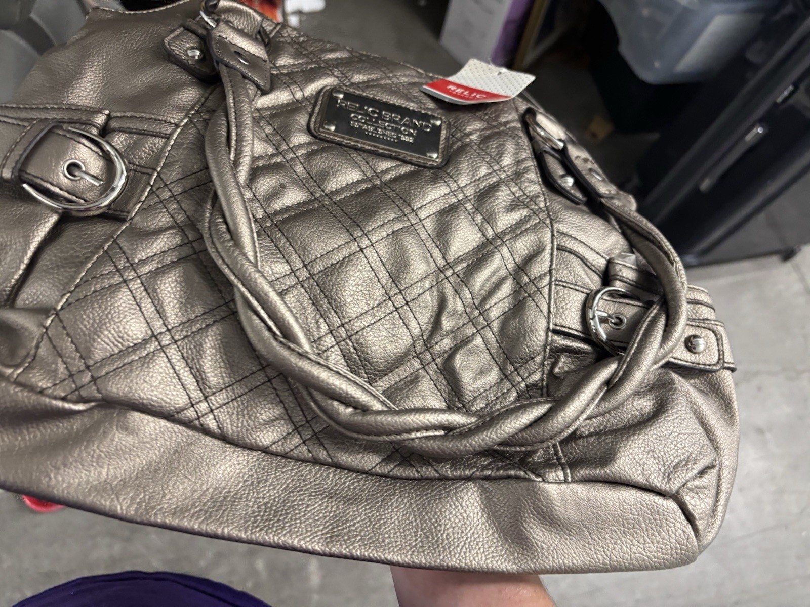Relic Metallic Gray Quilted Satchel Top Handle Silver Hardware Zip, Magnetic