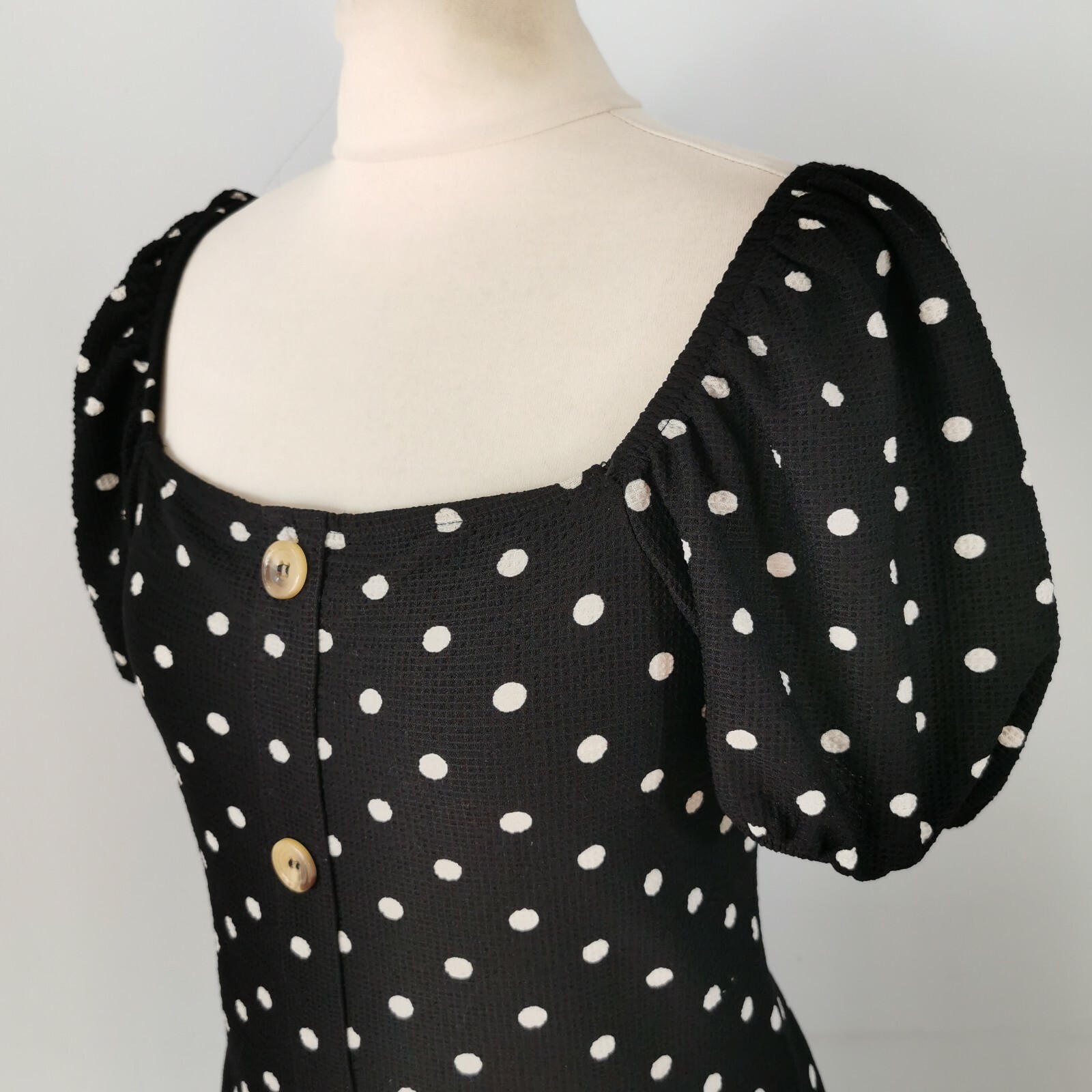 River Island Black Polka Dot Puff Sleeve Button Front Dress Size 14 Square Neck