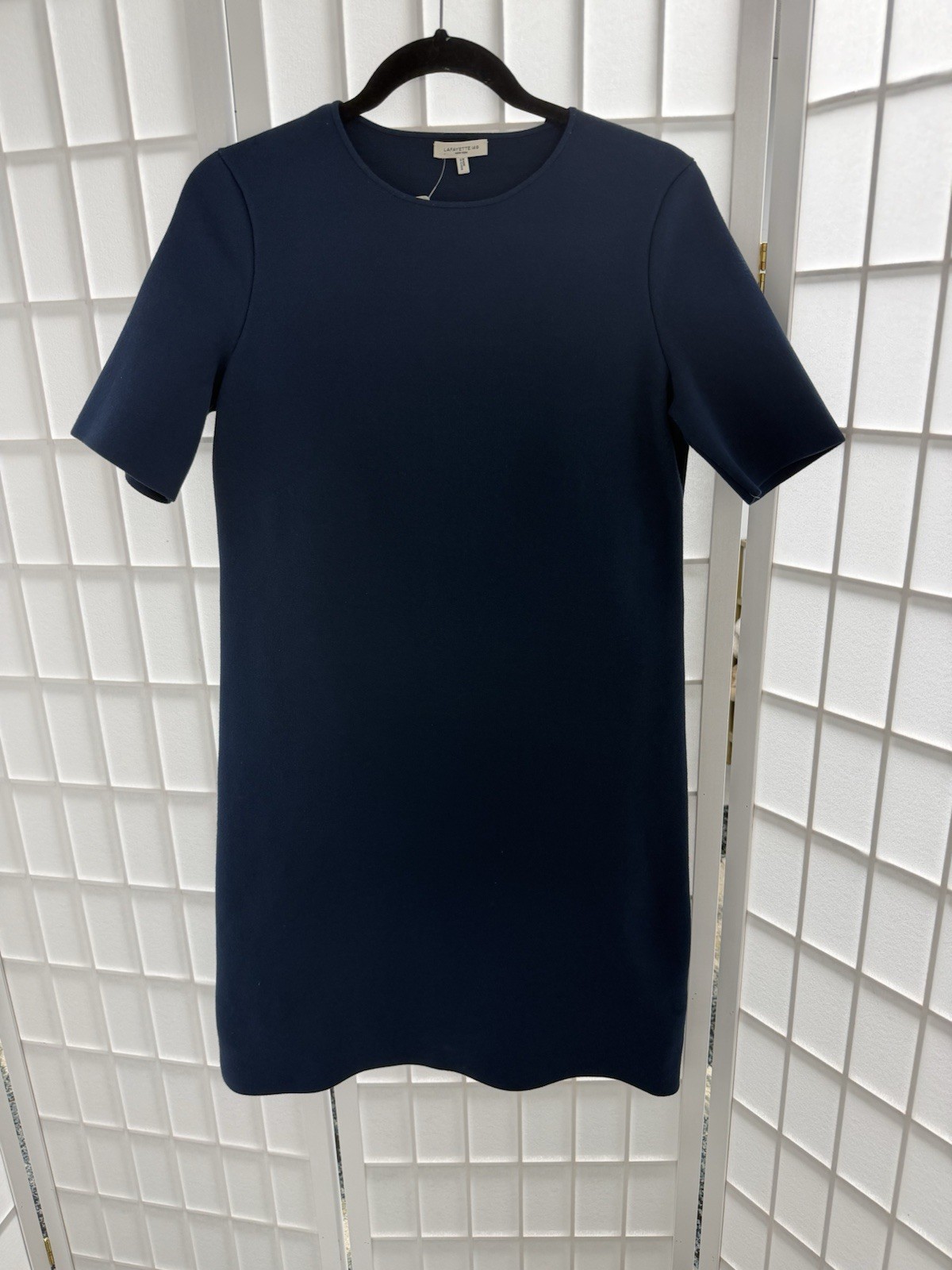 Lafayette 148 New York Navy Solid Sheath Dress Short Sleeve Round Neck 8