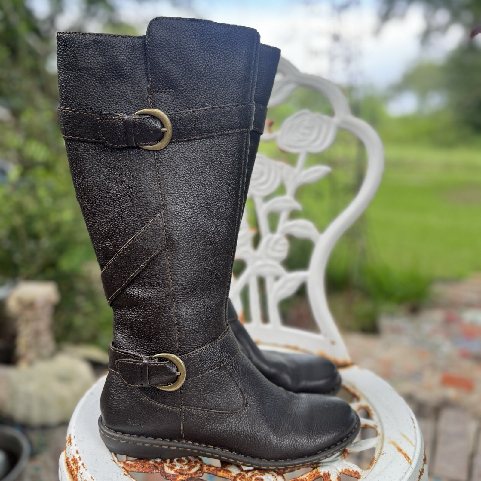 BOC Womens Dark Brown Leather Knee High Riding Boots Size 7.5 Buckle Accent