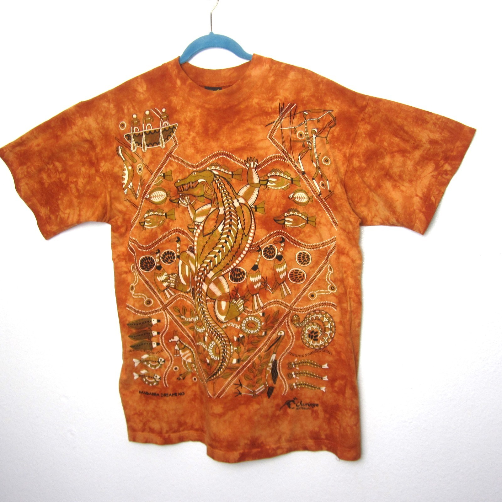 VTG 90s Churinga Australia Tie Dye Dreaming Animals Native L Indigenous Orange