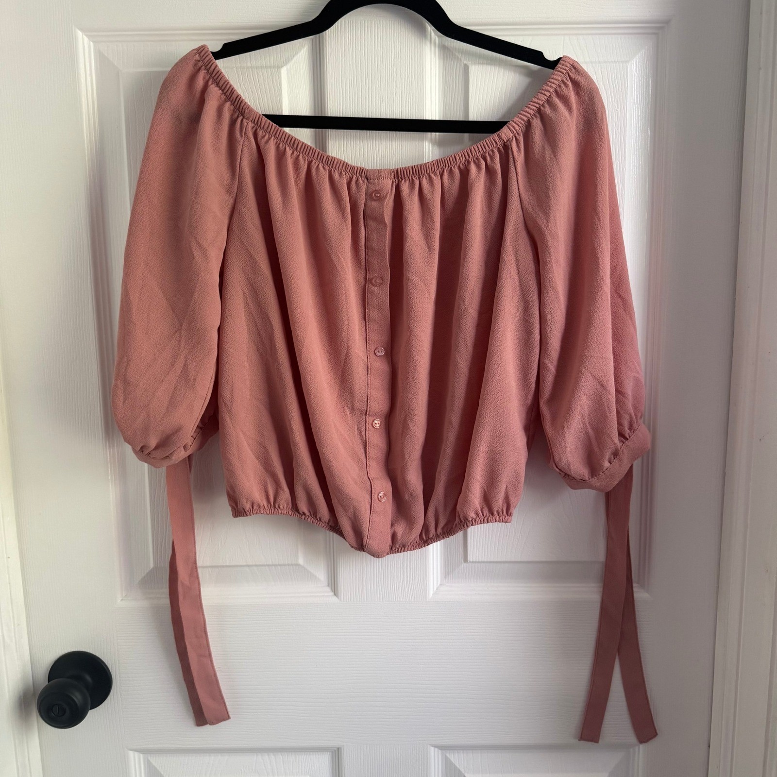 Ambiance Womens Dusty Rose Off The Shoulder Button Front Crop Top Large