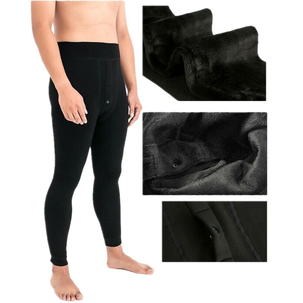 Black Men Fur Lined Elastic Warm Thermal Long Johns Legging Underwear Pants