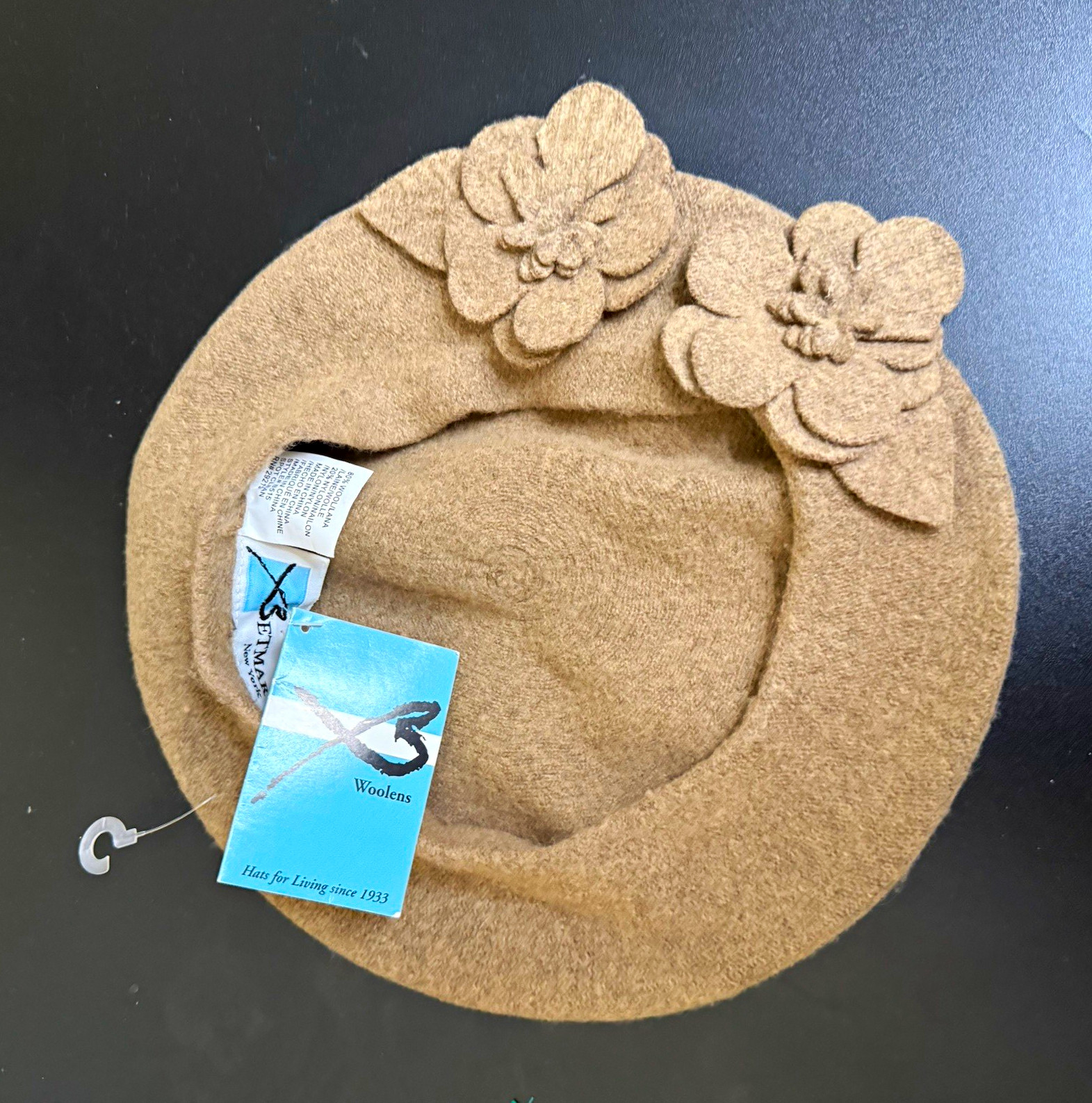 Betmar Wool Felt Beret Hat Beige B515 Women’s Flower Accent One Size
