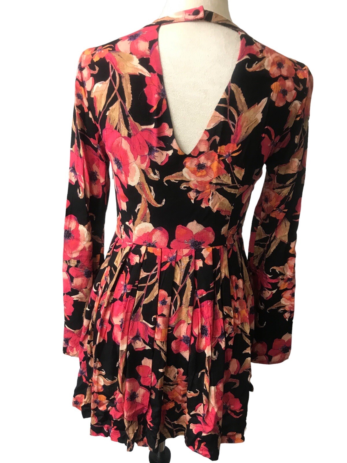 Free People Tegan Black Orange Floral Bell Long Sleeve Fit Flare Mini Dress Sz 0