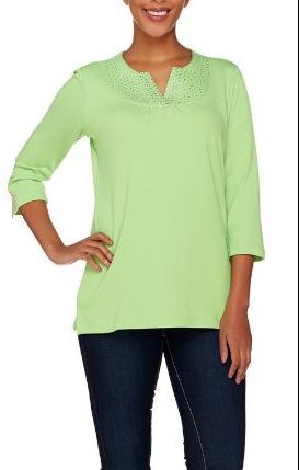 Quacker Factory Size 1X Lime Punch Sparkle Ruched Split V-Neck T-shirt