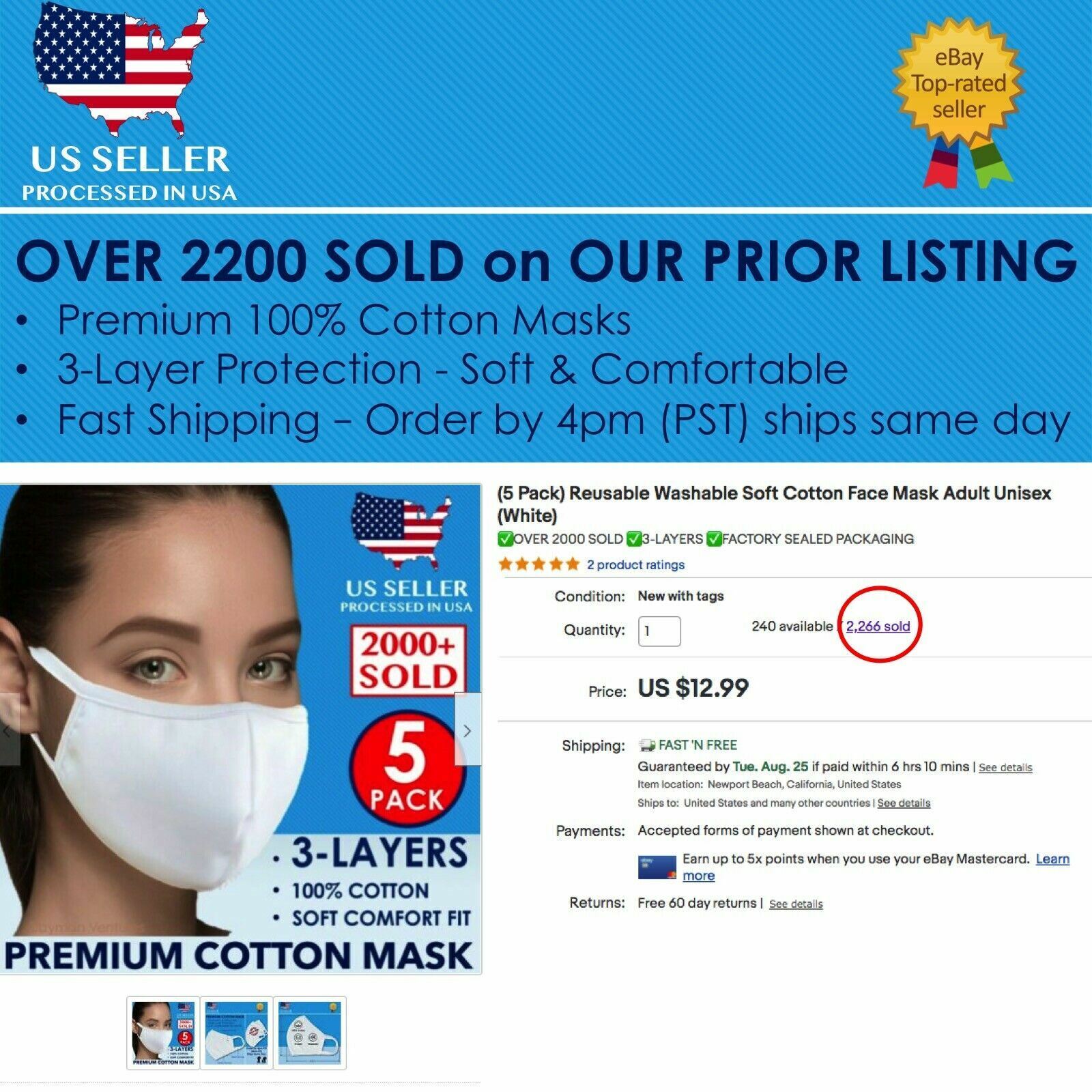 (5 Pack) Reusable Washable Soft 100% Cotton Face Mask Cover Adult (White)