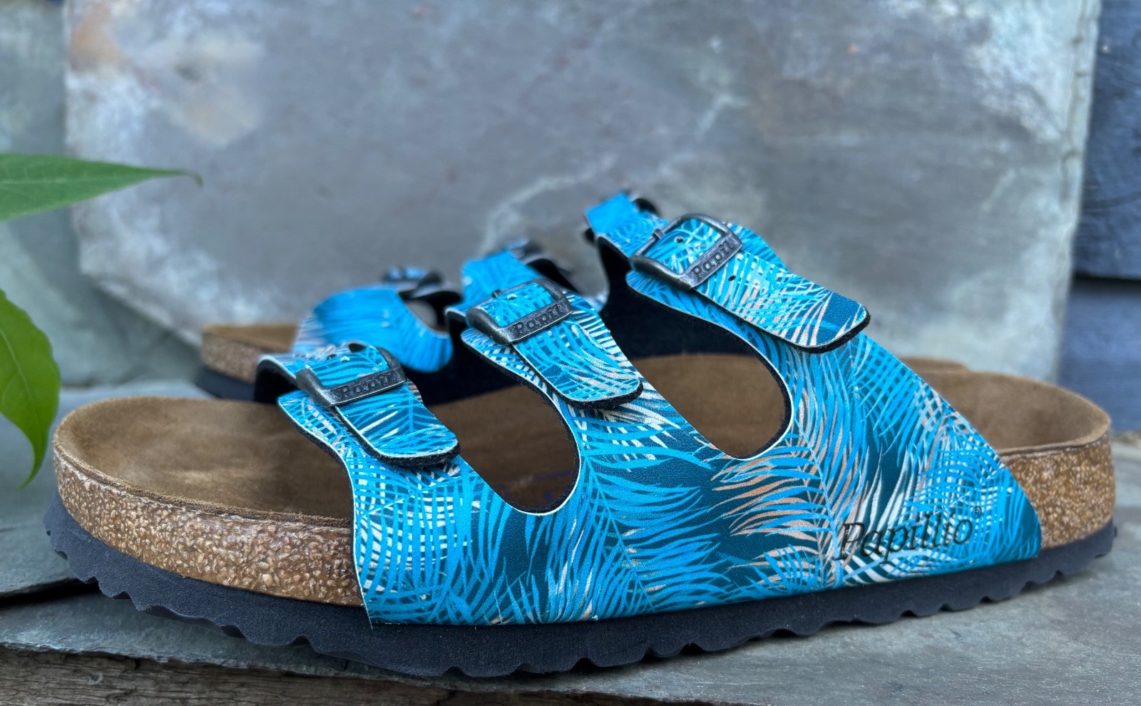 PAPILLIO x Birkenstock ‘Florida’ (39/8) Tropical Leaf Blue Birko-Flor Sandals