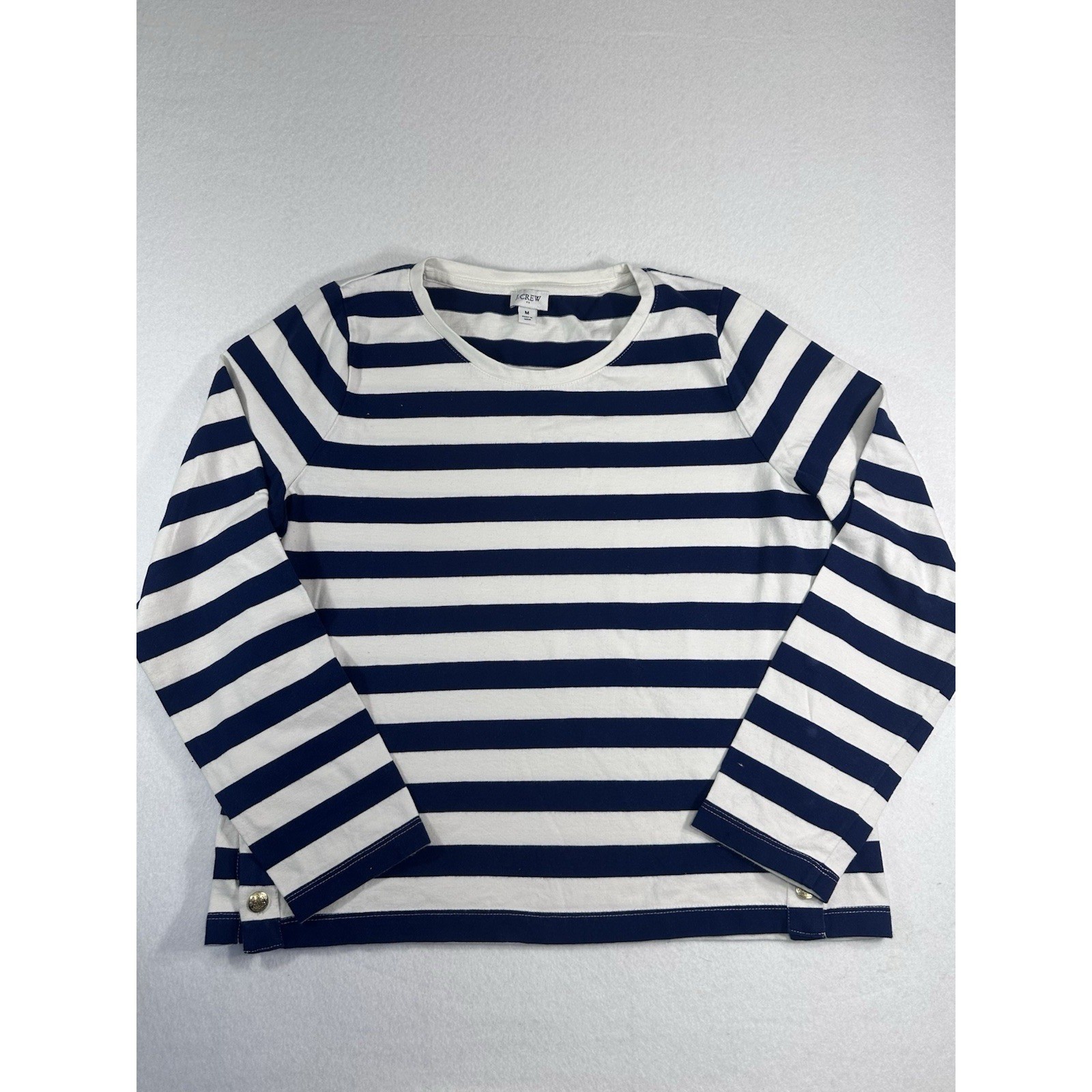 J. Crew Sailor Stripe Boatneck T-Shirt M Navy Blue White Gold Button Hem SP24