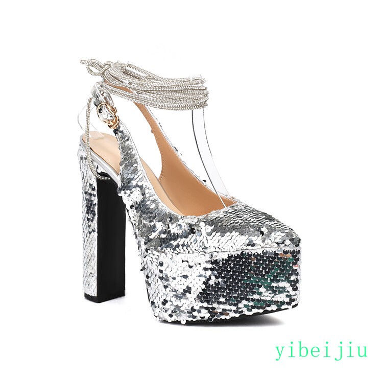 Women’s Detachable Chain High Heel Slingbacks Glitter Sequins Shoes Performance