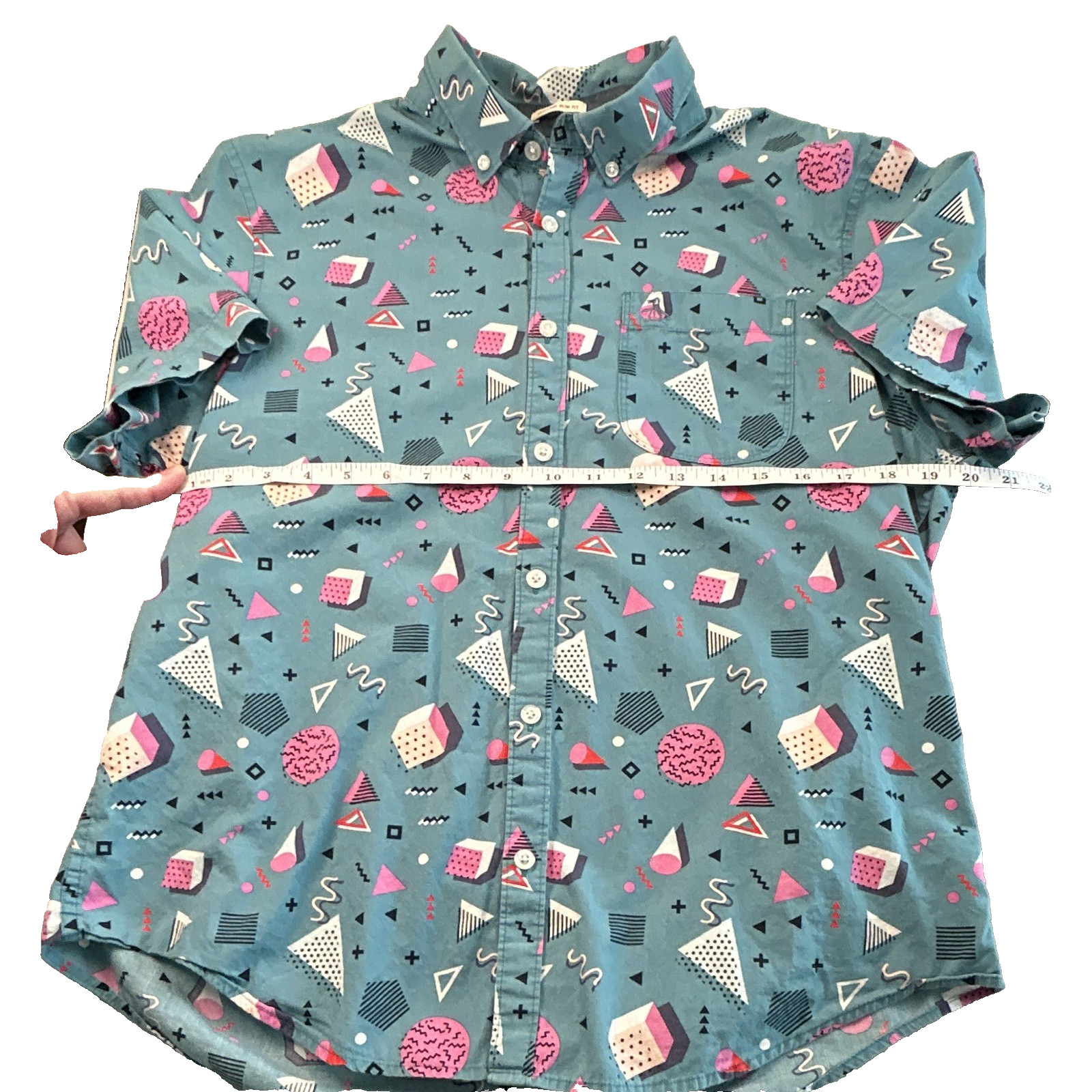 Original Penguin Shirt Mens Large L Heritage Slim Fit Teal 90s Memphis Geometric