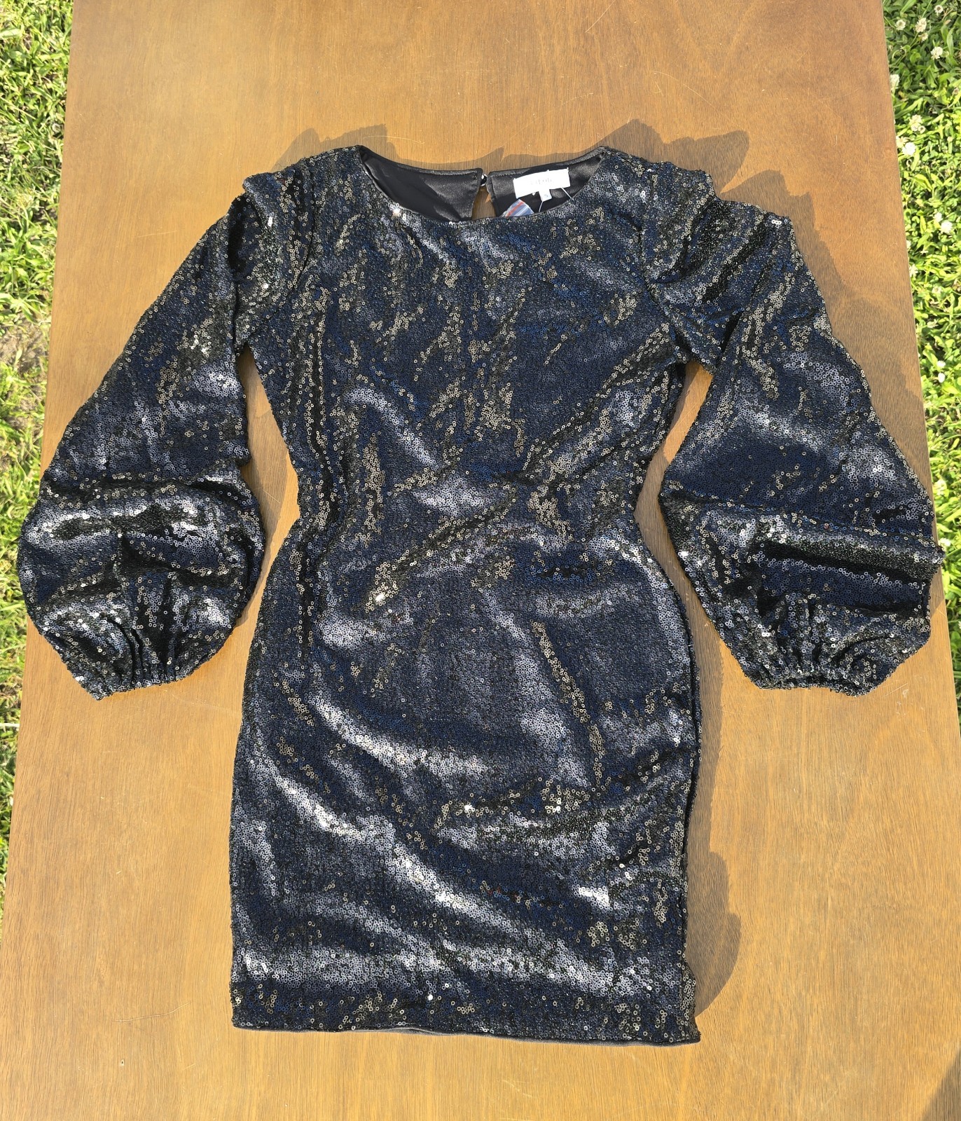 LILOU Black Sequin Sheath Mini Dress Balloon Long Sleeve Party/Cocktail S