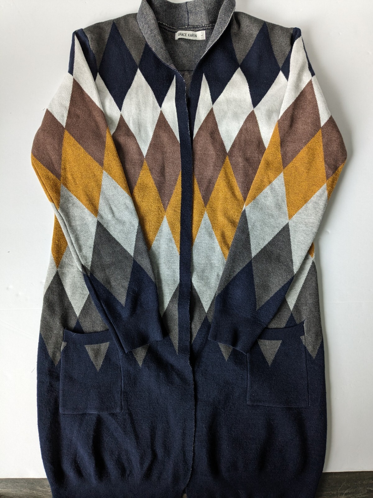 GRACE KARIN Open Front Long Knited Cardigan Sweater for Women Argyle Sz L Work