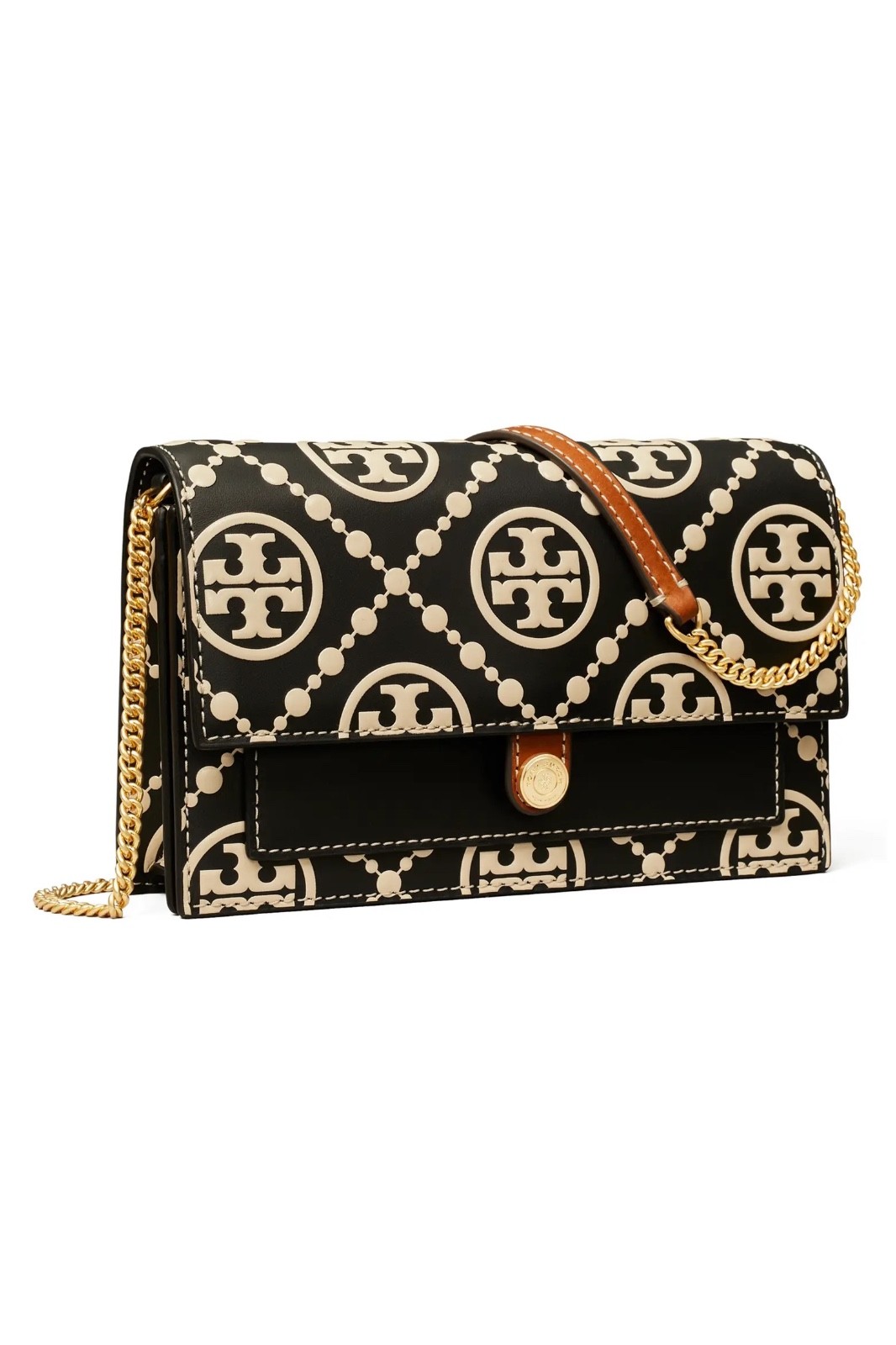 TORY BURCH T Monogram Embossed Leather Wallet Crossbody black/cream RARE EUC