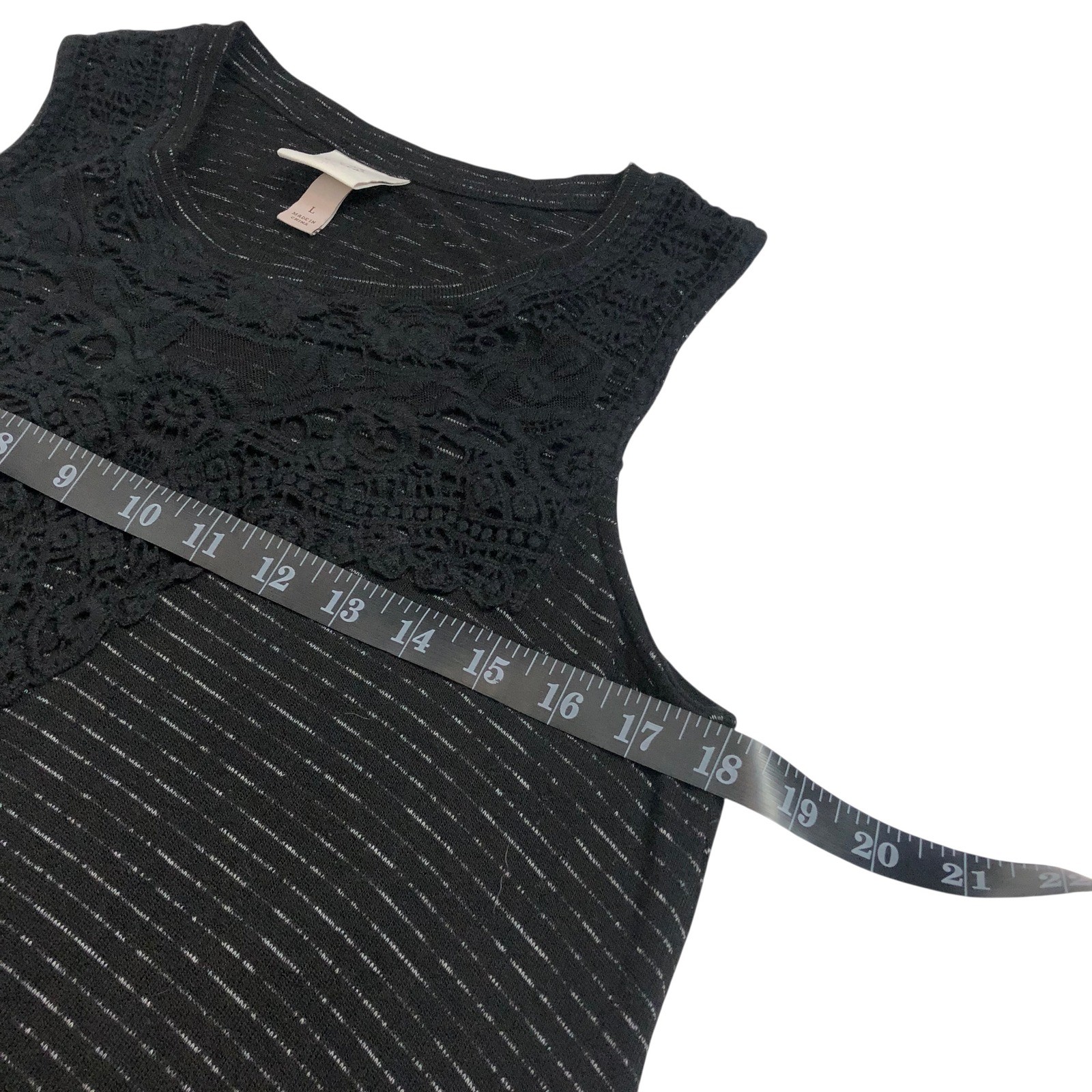 Knox Rose Black Crochet Lace Trim Knit Asymmetric Tunic Tank Top Large Boho
