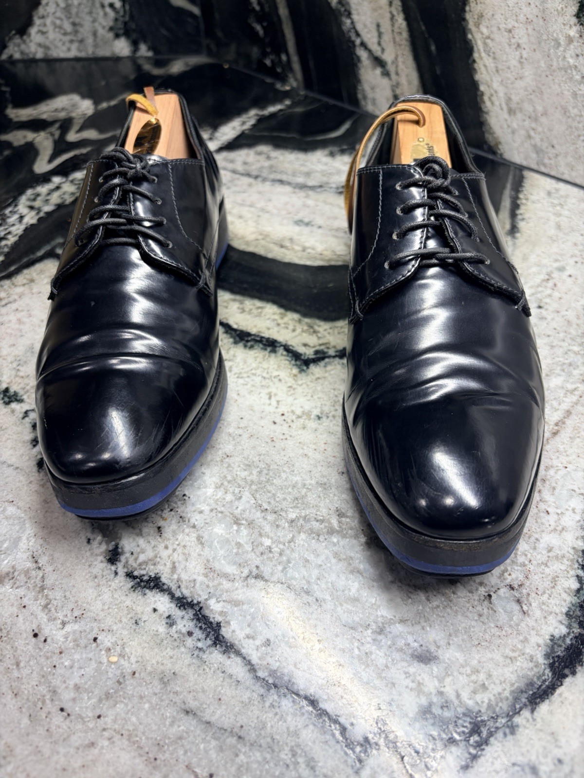 Prada Black Leather Derby Shoes Blue Rubber Sole Women’s EU 37 US 7 Italy