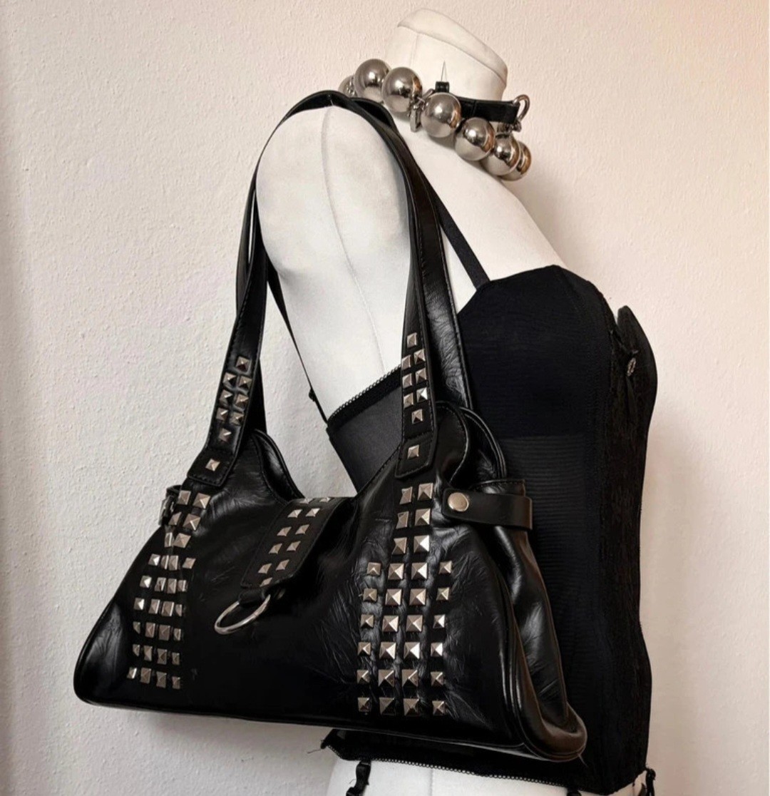 Black Rebecca Minkoff Metallic Studded Hobo Handbag Punk Cyber Gothic Moto Chic