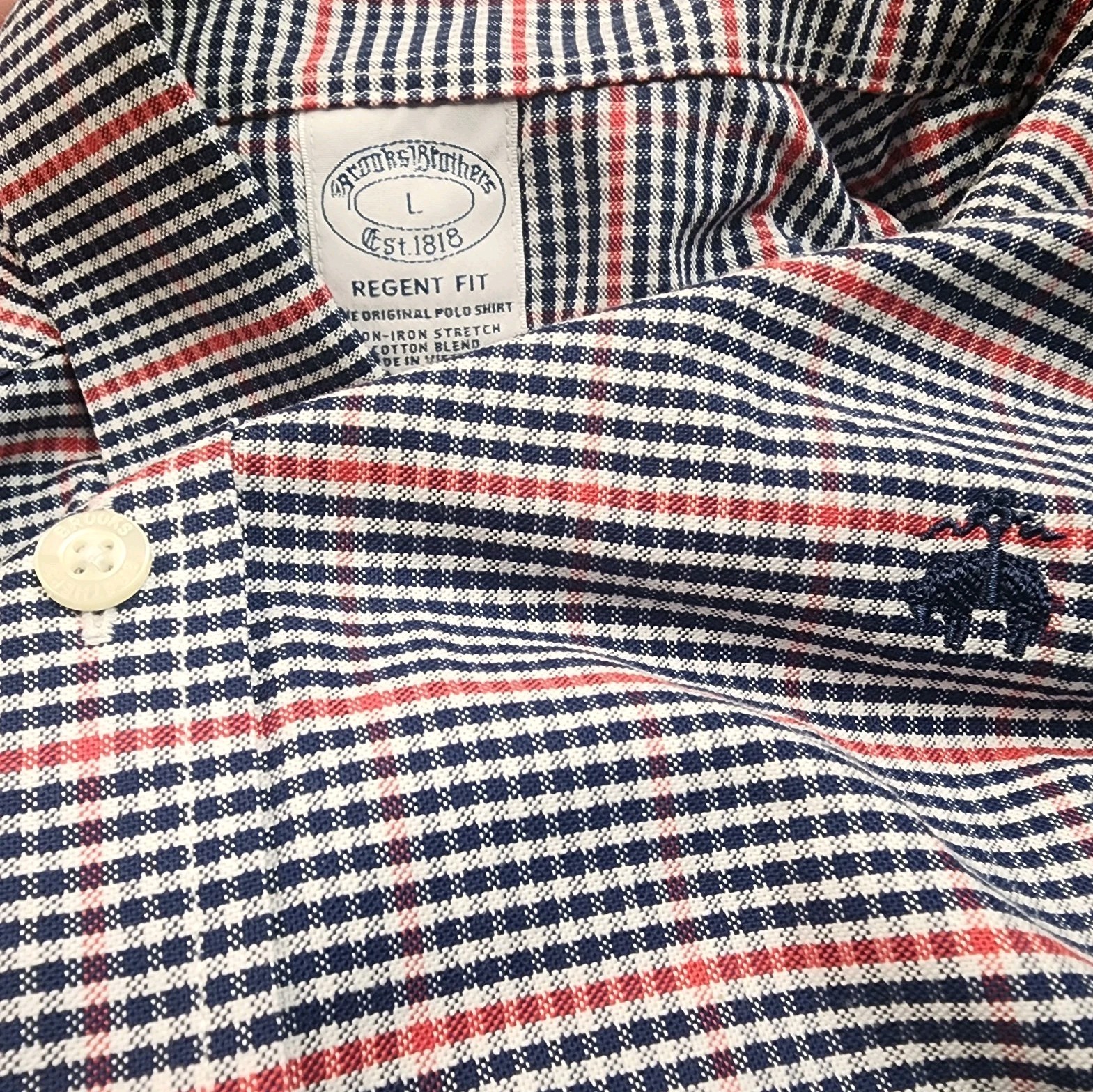 Brooks Brothers Shirt Mens Large Red Blue Check Regent Non Iron Cotton Blend