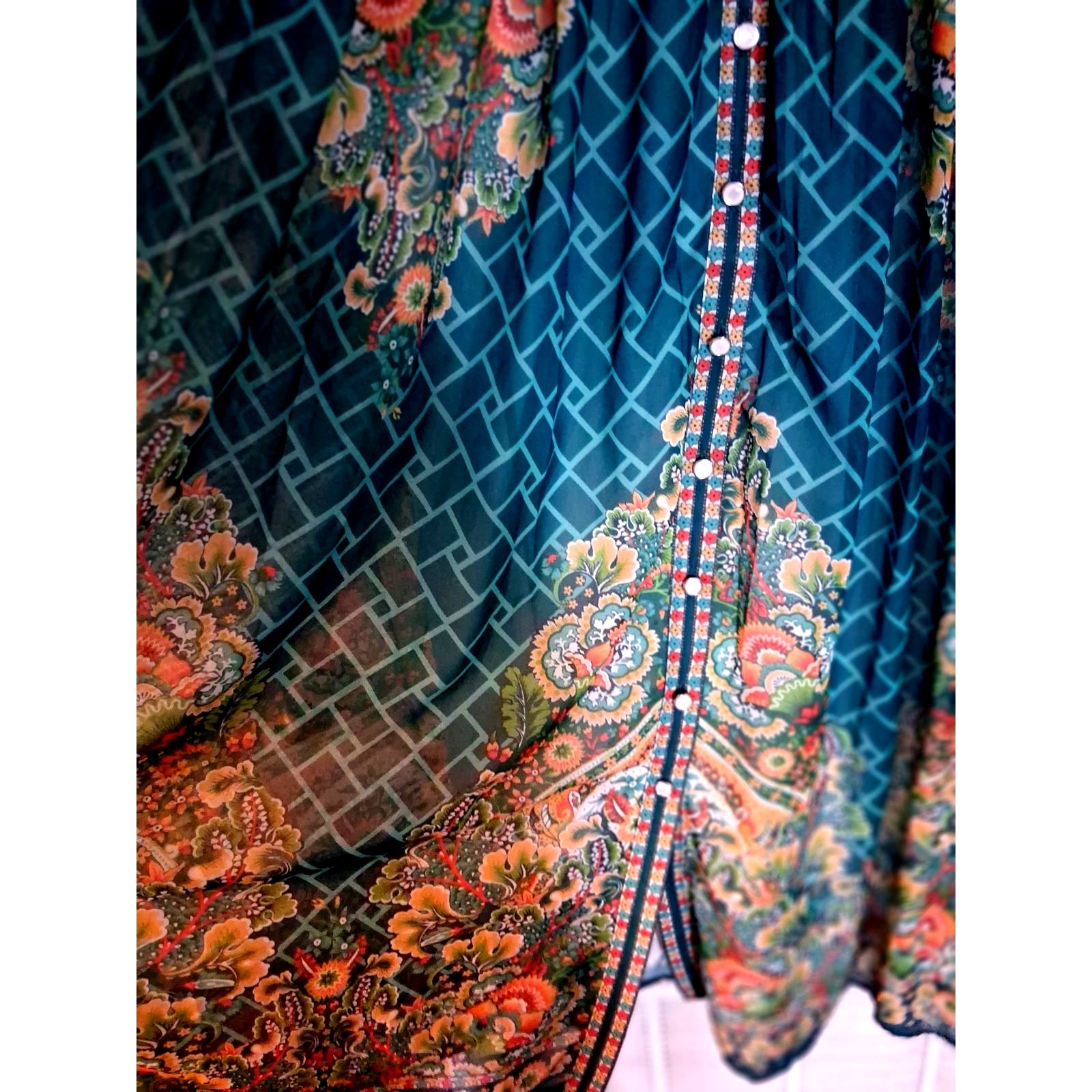Dalia MacPhee Paisley Deco Maxi Dress Mock Neck Puff Sleeve Floral Size S