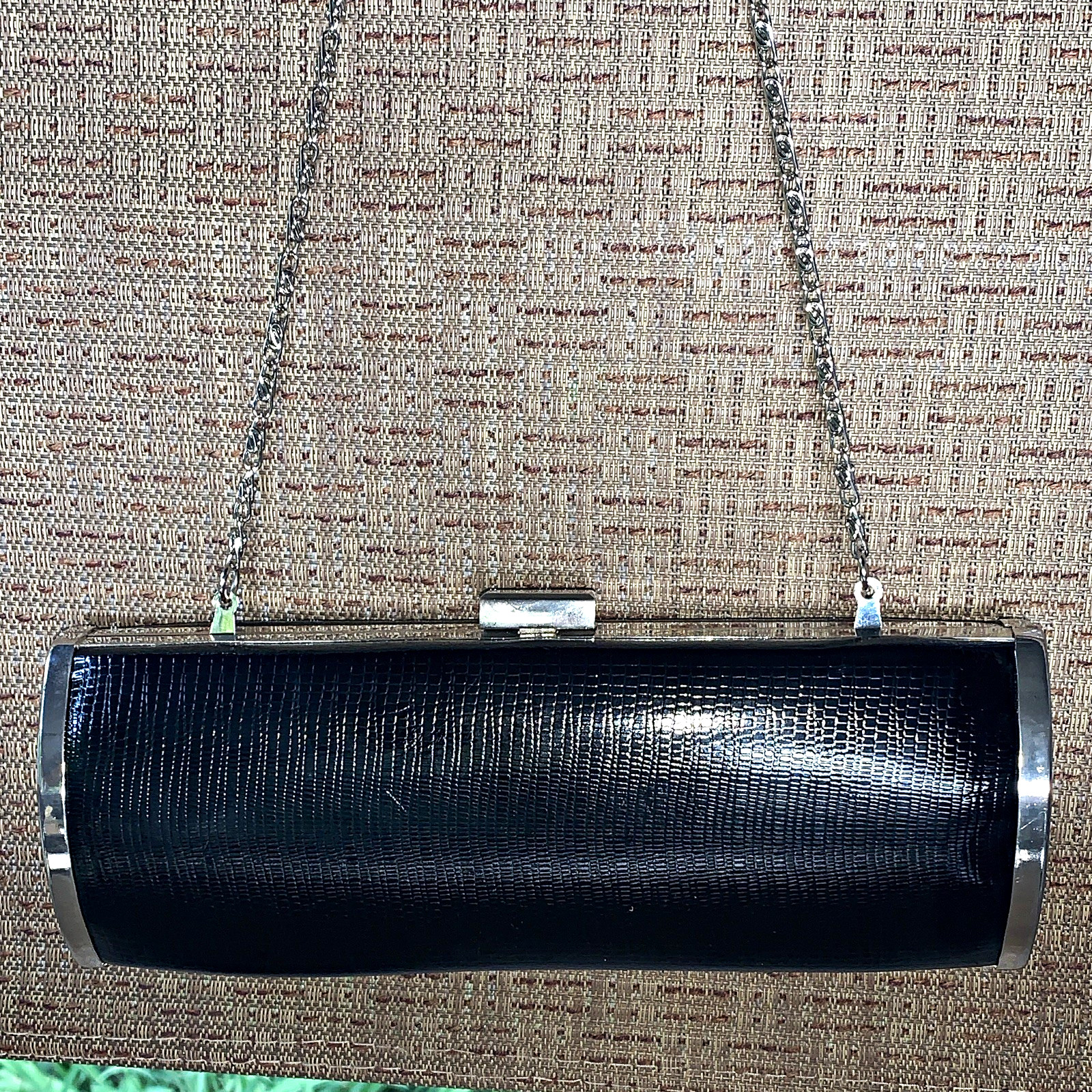 Style & Co Black Lizard Grain Cylinder Clutch Evening Bag Silver Chain Strap