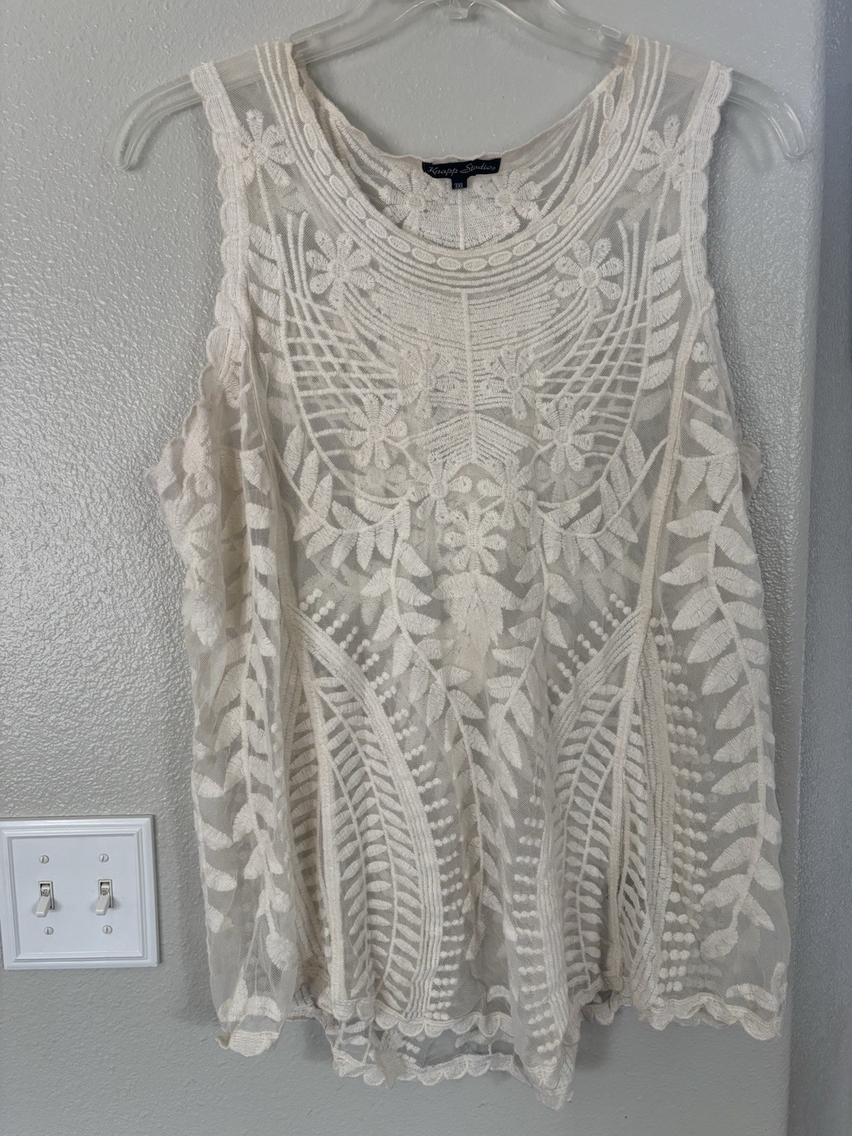 Knapp Studio 3XL Sheer Lace Embroidered Sleeveless Tank Top Cream Boho Plus Size