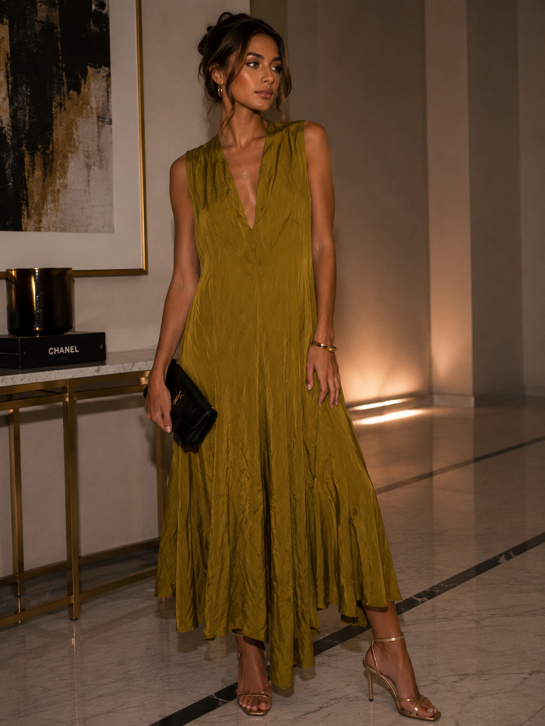 Pier Antonio Gaspari Women’s Olive Green Satin Maxi Dress Sleeveless V-Neck