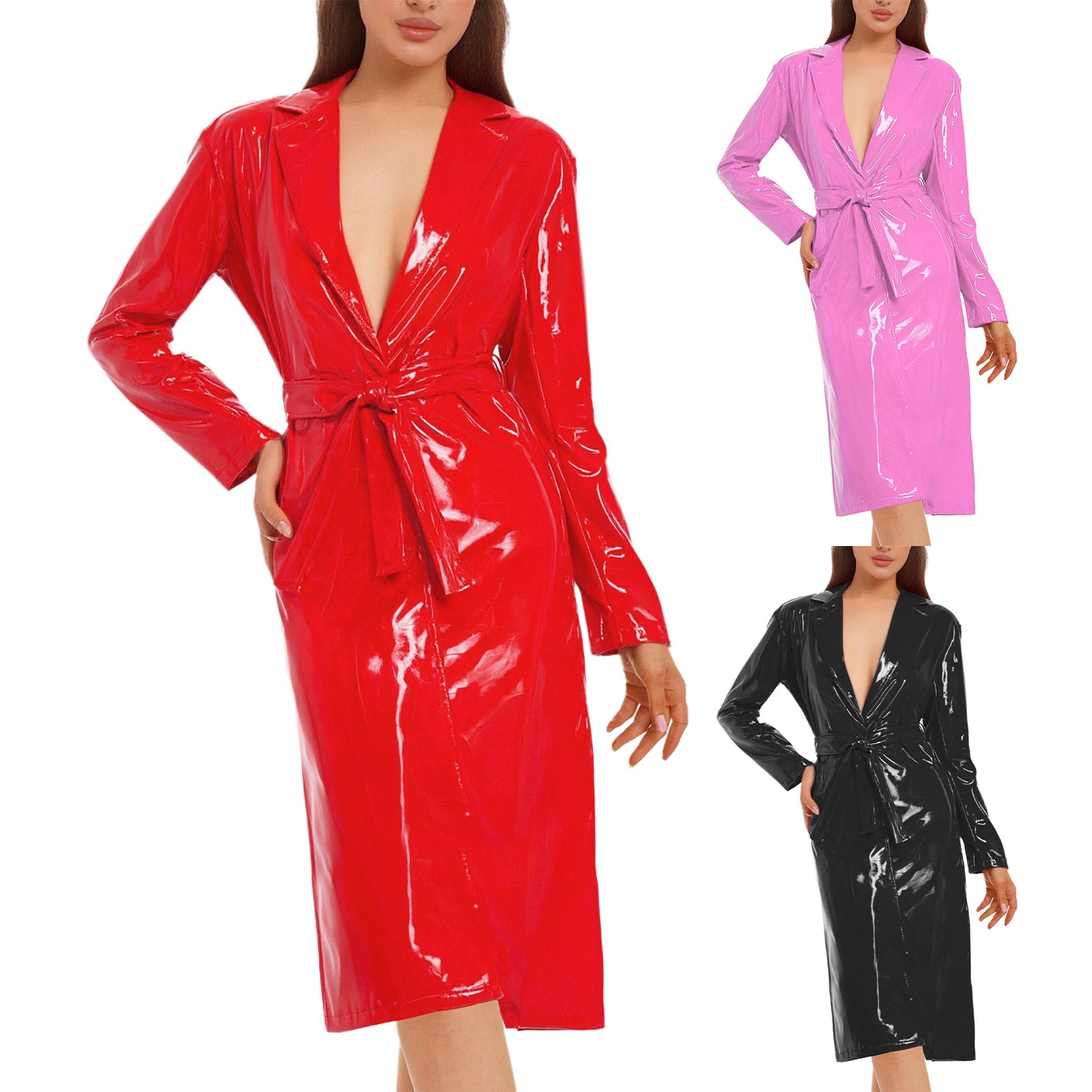 Women Wet Look Shiny Overcoat Costume Long Trench With Belt Coats Carnival Top