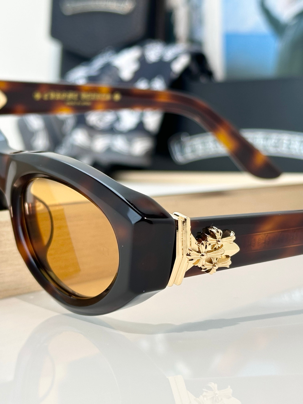 CHrome H Oval Cat Eye Sunglasses Tortoise Amber Lens Gold Hardware