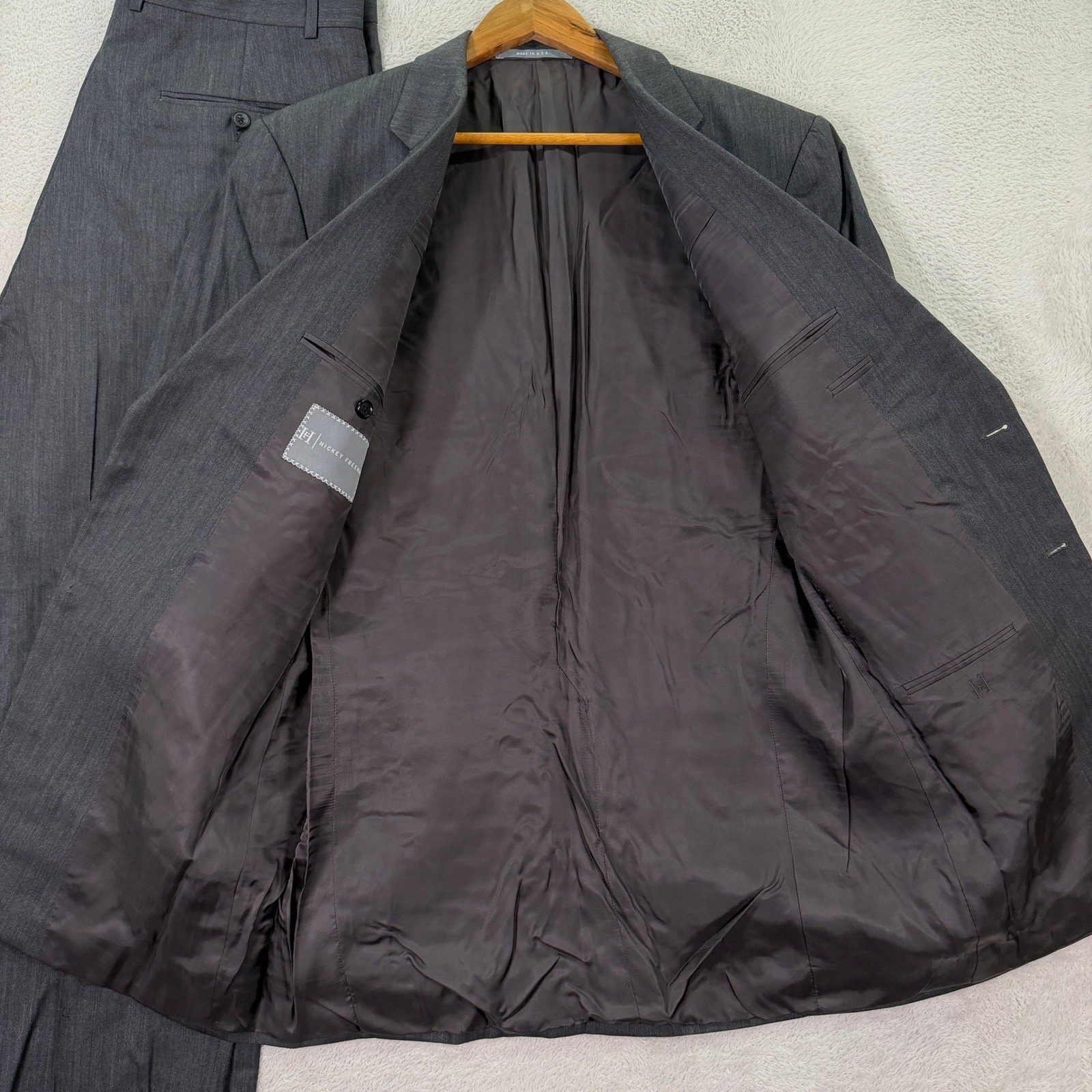 Hickey Freeman Men 40XL Slim Fit Madison Suit Grey Herringbone Wool 34×32 USA
