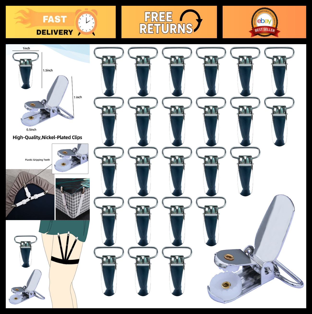 Heavy Duty Nickel Plated Suspender Clips – 1 Inch Small Size, 10 Pack
