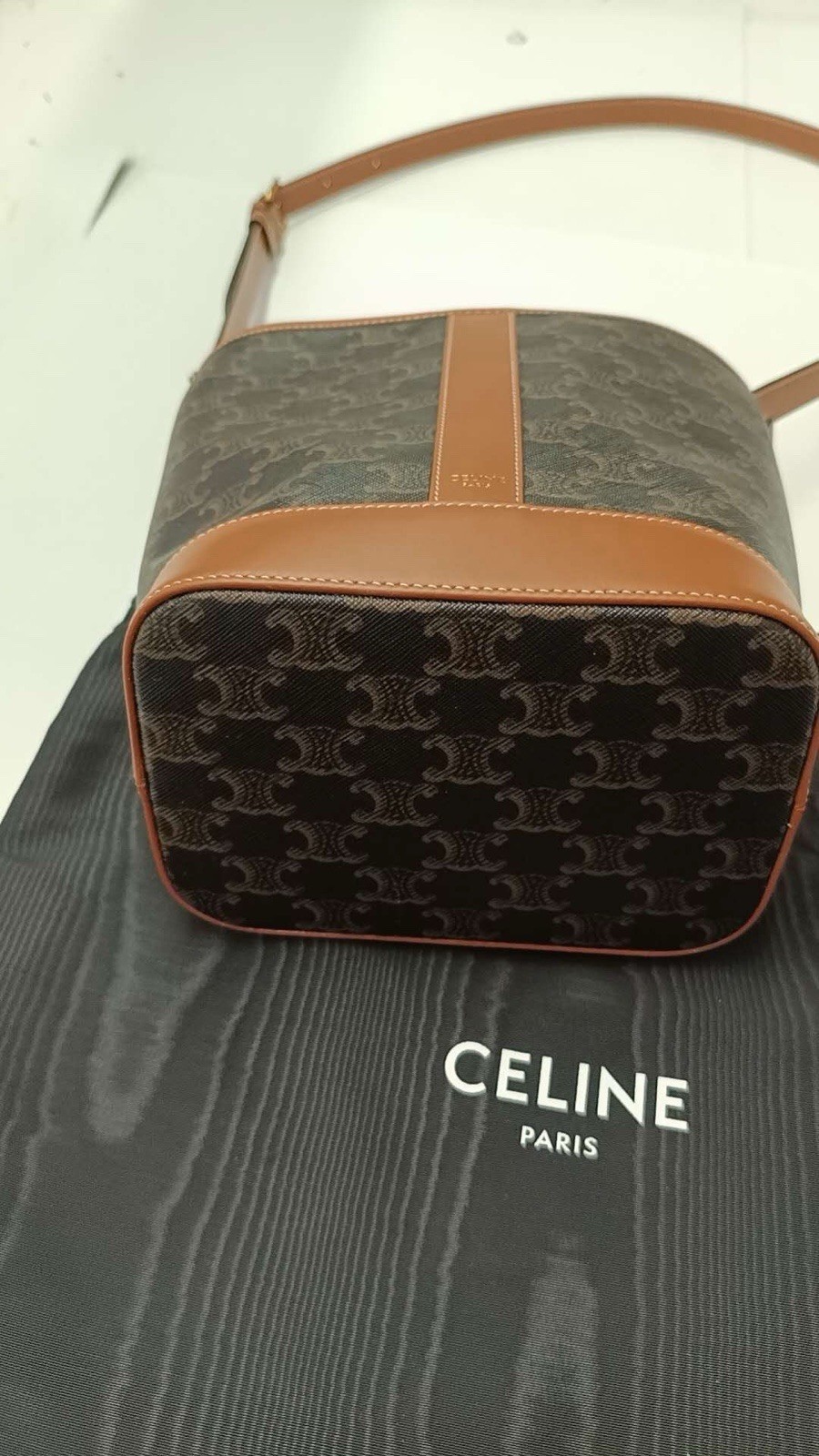 CELINE Brown/Black Logo Bucket Shoulder Bag Adjustable Strap Dust Bag
