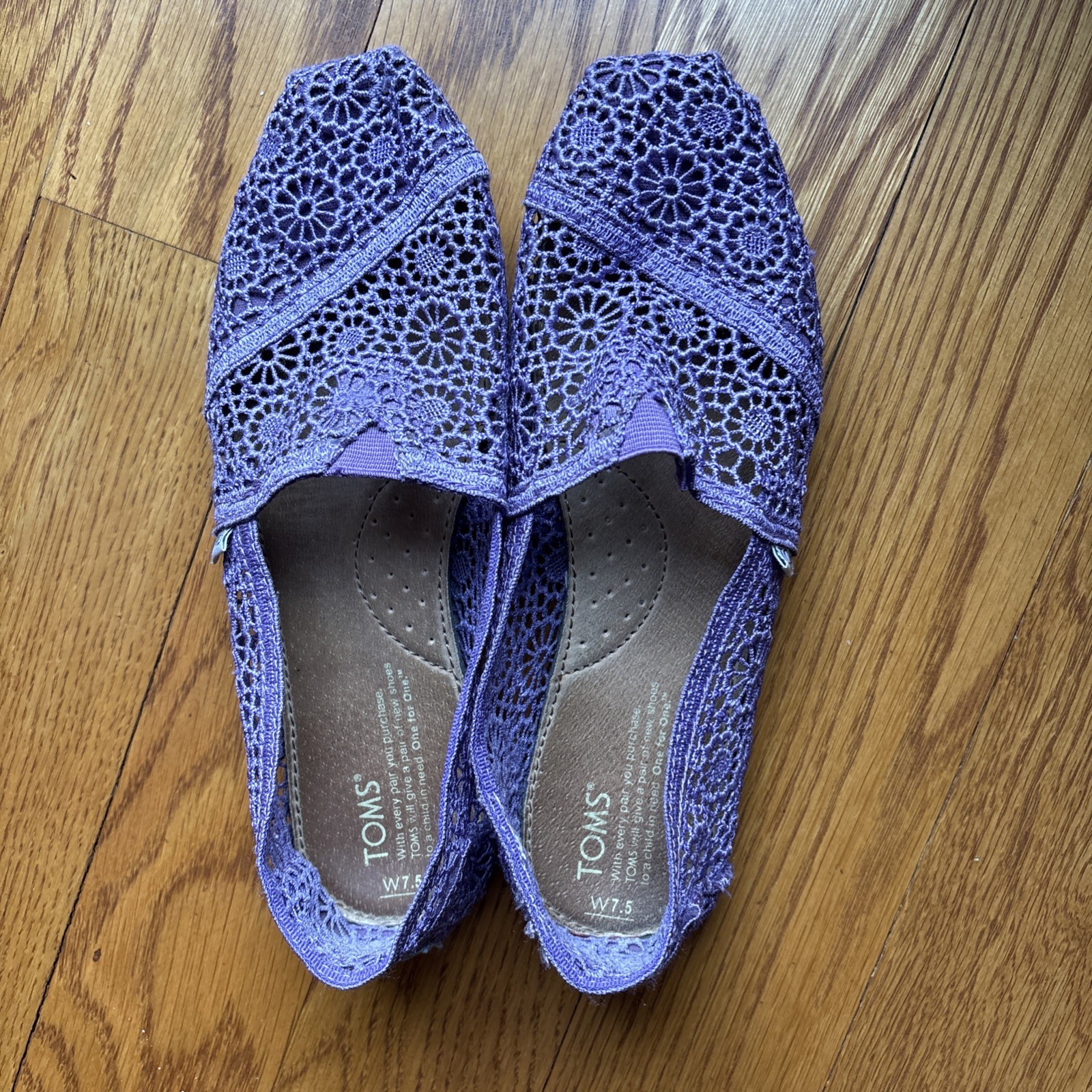 TOMS Womens Alpargata Purple Floral Crochet Lace Slip On Flat Shoes Size 7.5