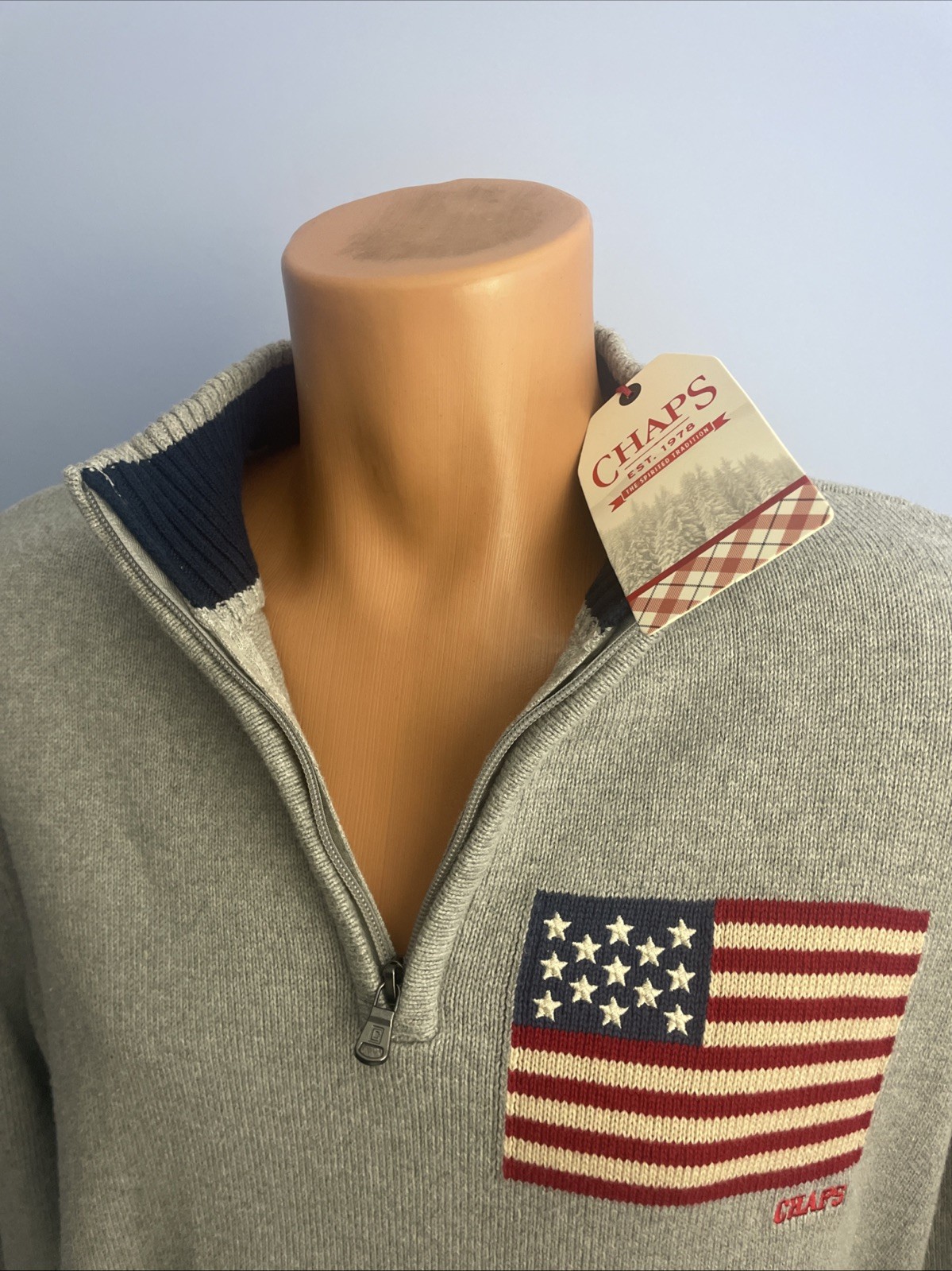 Chaps RALPH LAUREN Men’s Sweater USA American Flag Gray 1/4 Zip Size Large NWT