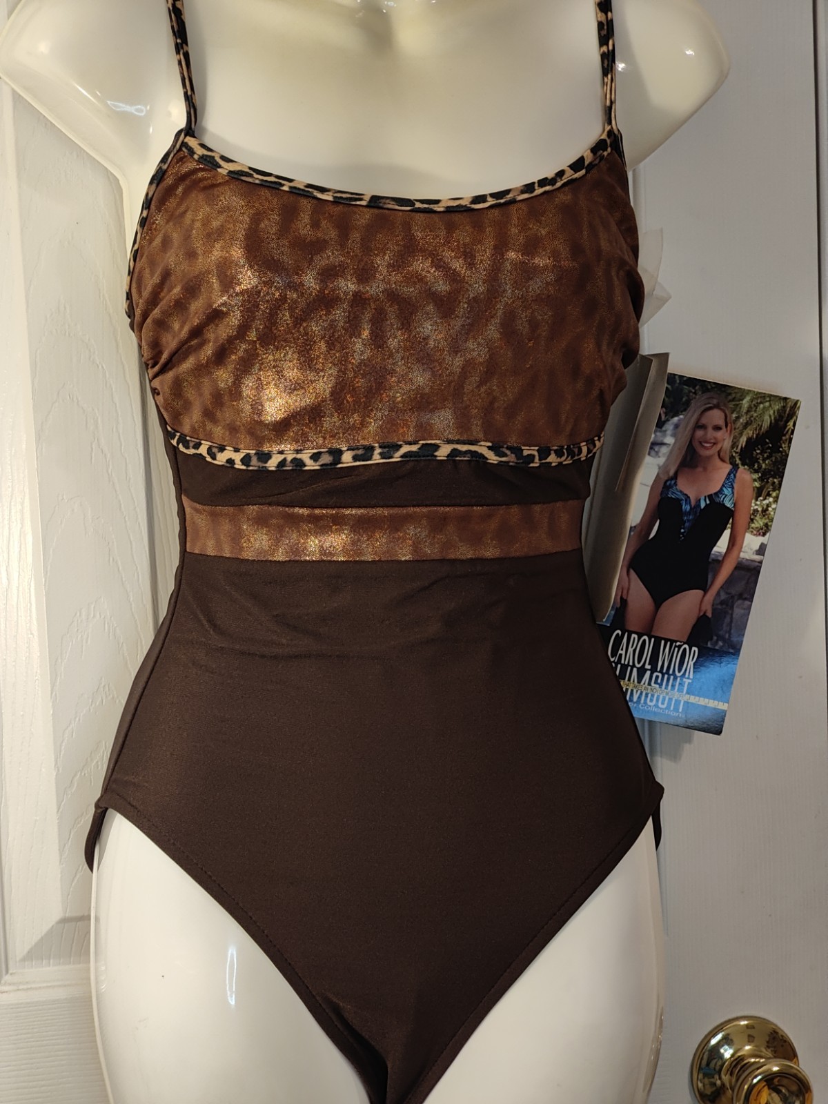 NWT Carol Wior Swimsuit One Piece Slimming Brown Animal Print Built In Bra Sz 8