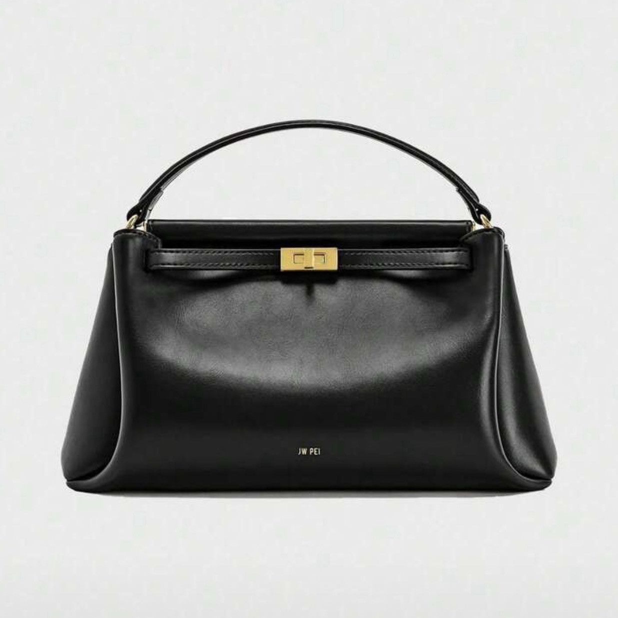 Women’s Black Solid Top Handle Bag, Turn Lock, Gold Hardware, Buckle