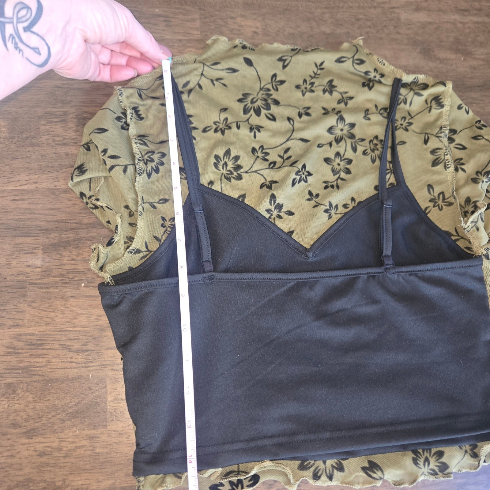 Olive Green Floral Mesh Mock Neck Top with Black Camisole Y2K Fairycore Grunge
