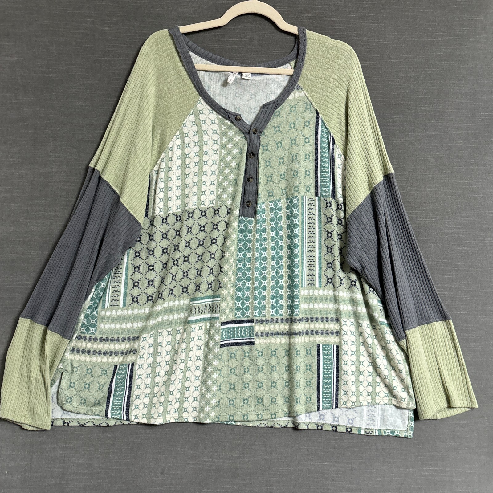 Cato Top 26/28W Green Patchwork Tunic Waffle Thermal Boho Henley Long Sleeve