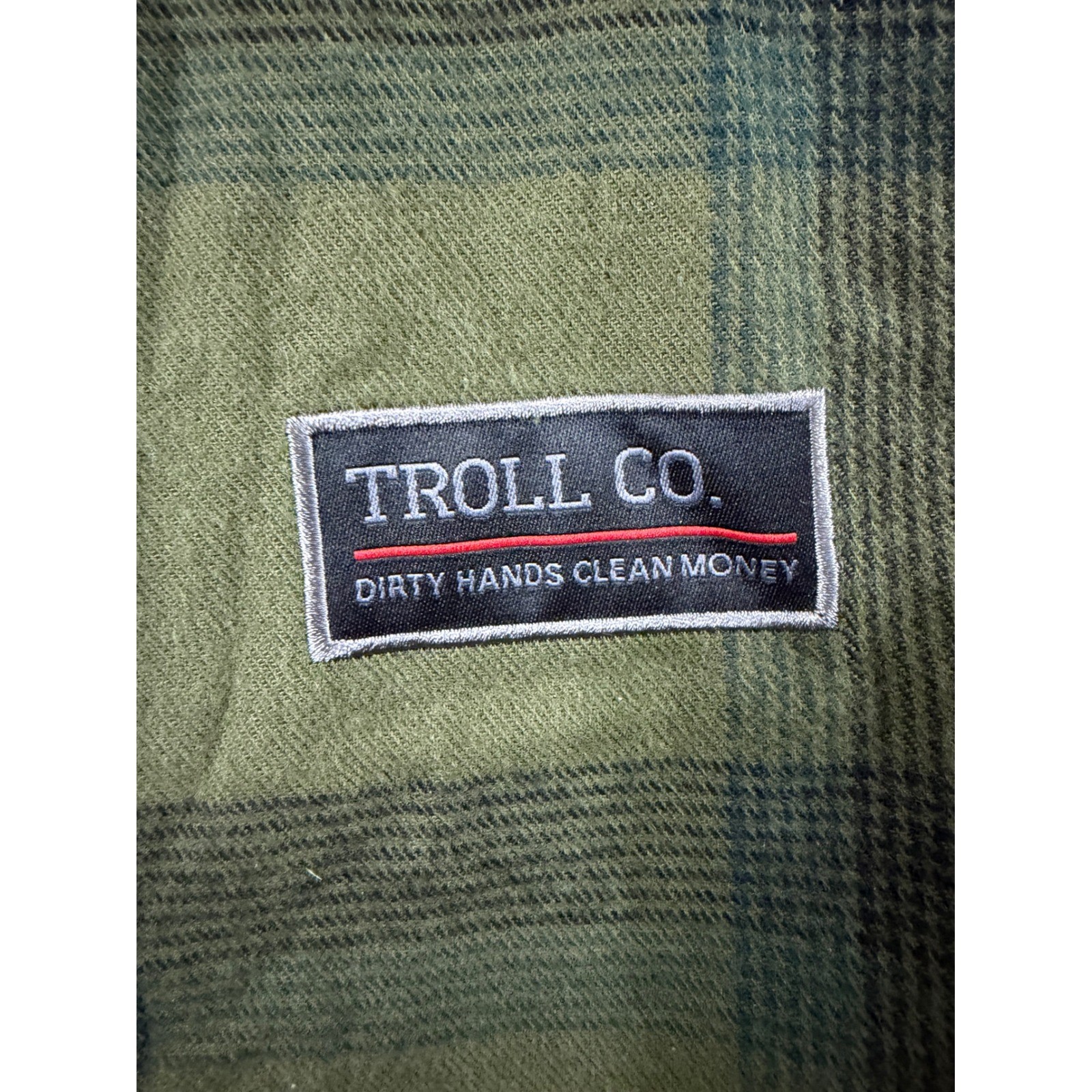 Troll Co Amperage Flannel Shirt Men Size XL Olive Green Plaid Snap Button up New