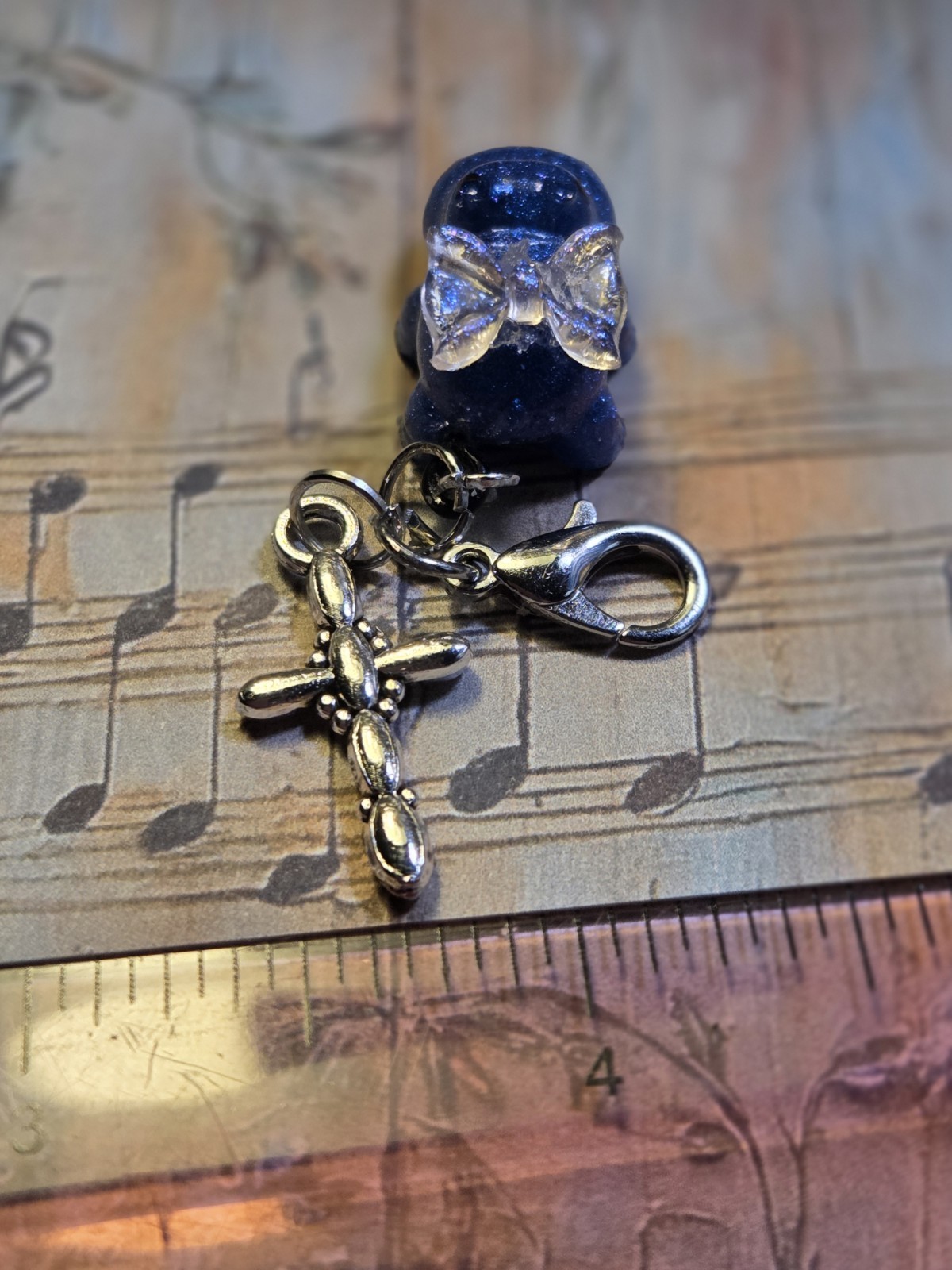Handmade Blue Glitter Hippo Resin Charm Key Chain w/Cross Pendant, Lobster Clasp