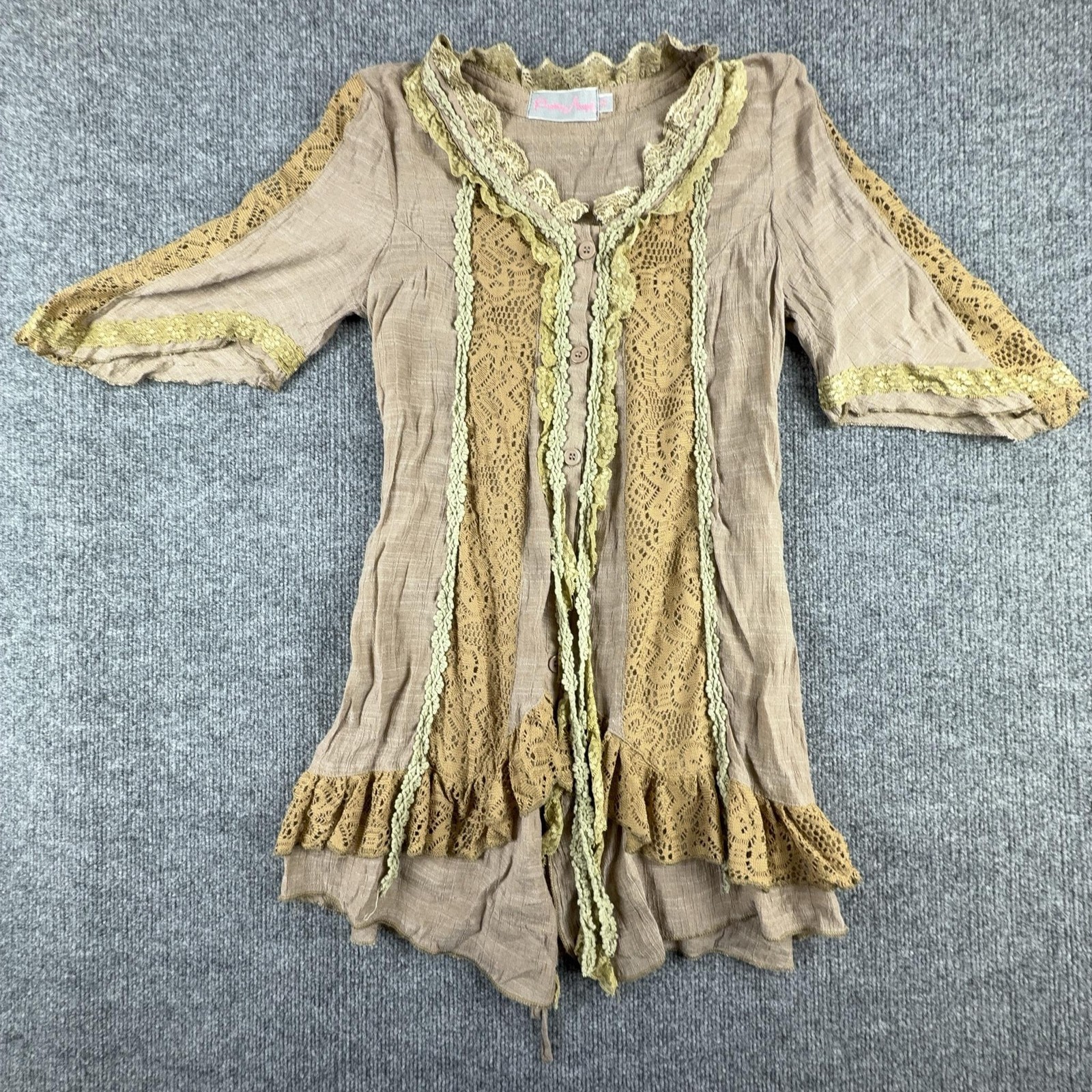 Pretty Angel Blouse Womens Small Beige Lace Crochet Ruffle Bell Sleeve Tunic Top